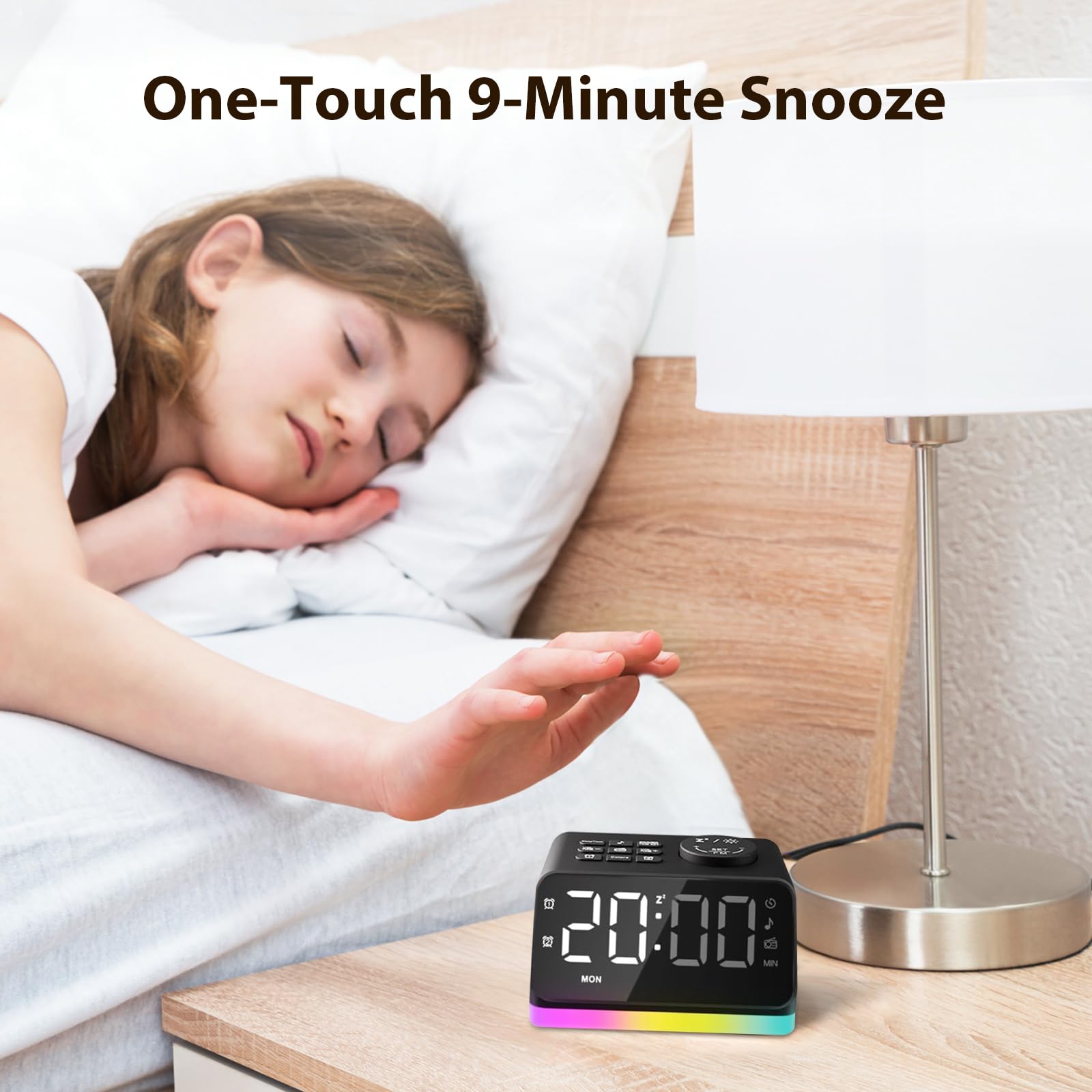 Digitaler Radiowecker für das Schlafzimmer – 8-farbiges Nachtlicht (0-100% dimmbar), Doppelalarm mit 7 Wecktönen, flexibler Schlaf-Timer (10-480 Min), 2 USB-Ladeanschlüsse, zuverlässiger Netzbetrieb