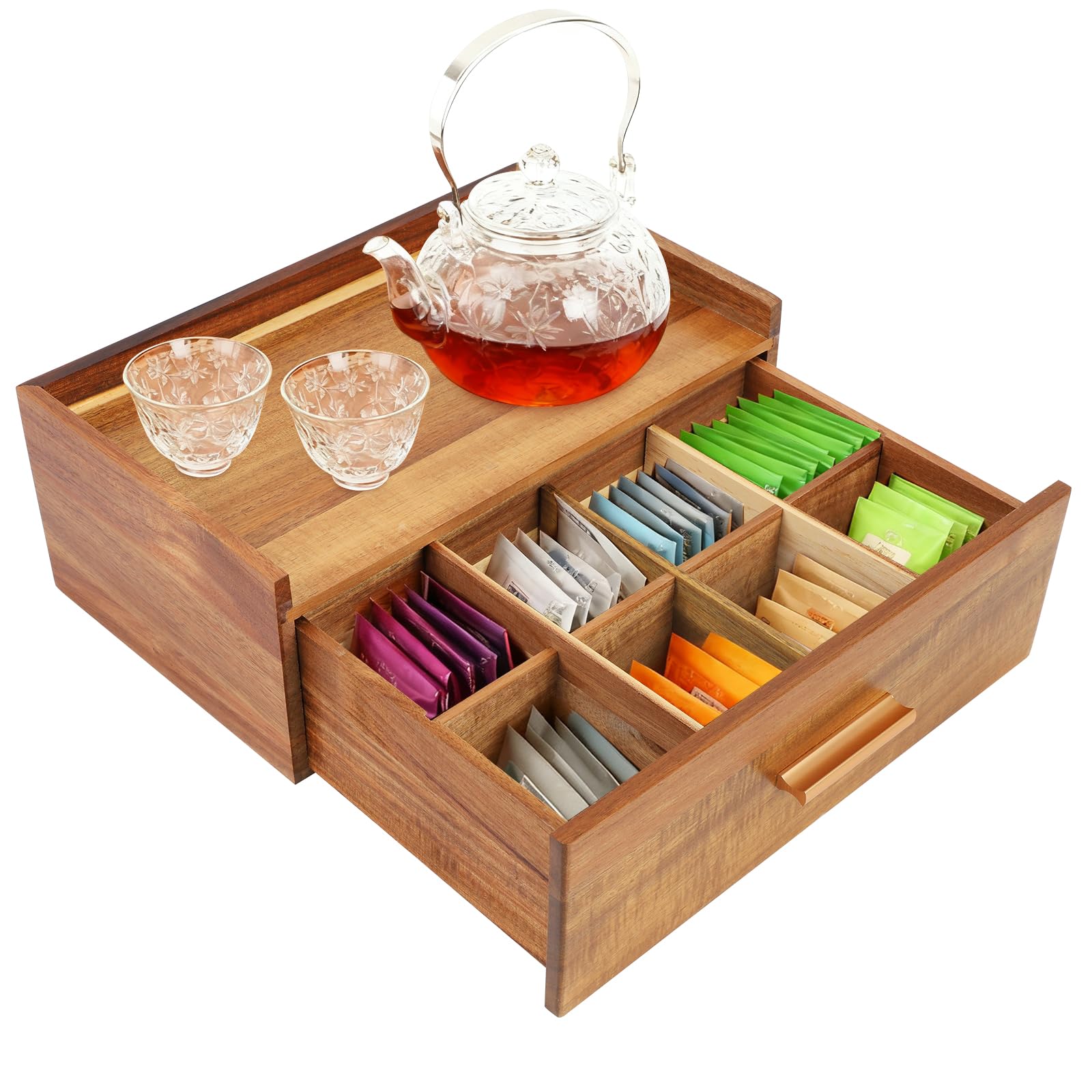 Scatola da tè in legno con 8 scomparti, 32,3 x 20,5 x 12,5 cm, tipo di cassetto con manico, per conservare bustine di tè ed erbe aromatiche