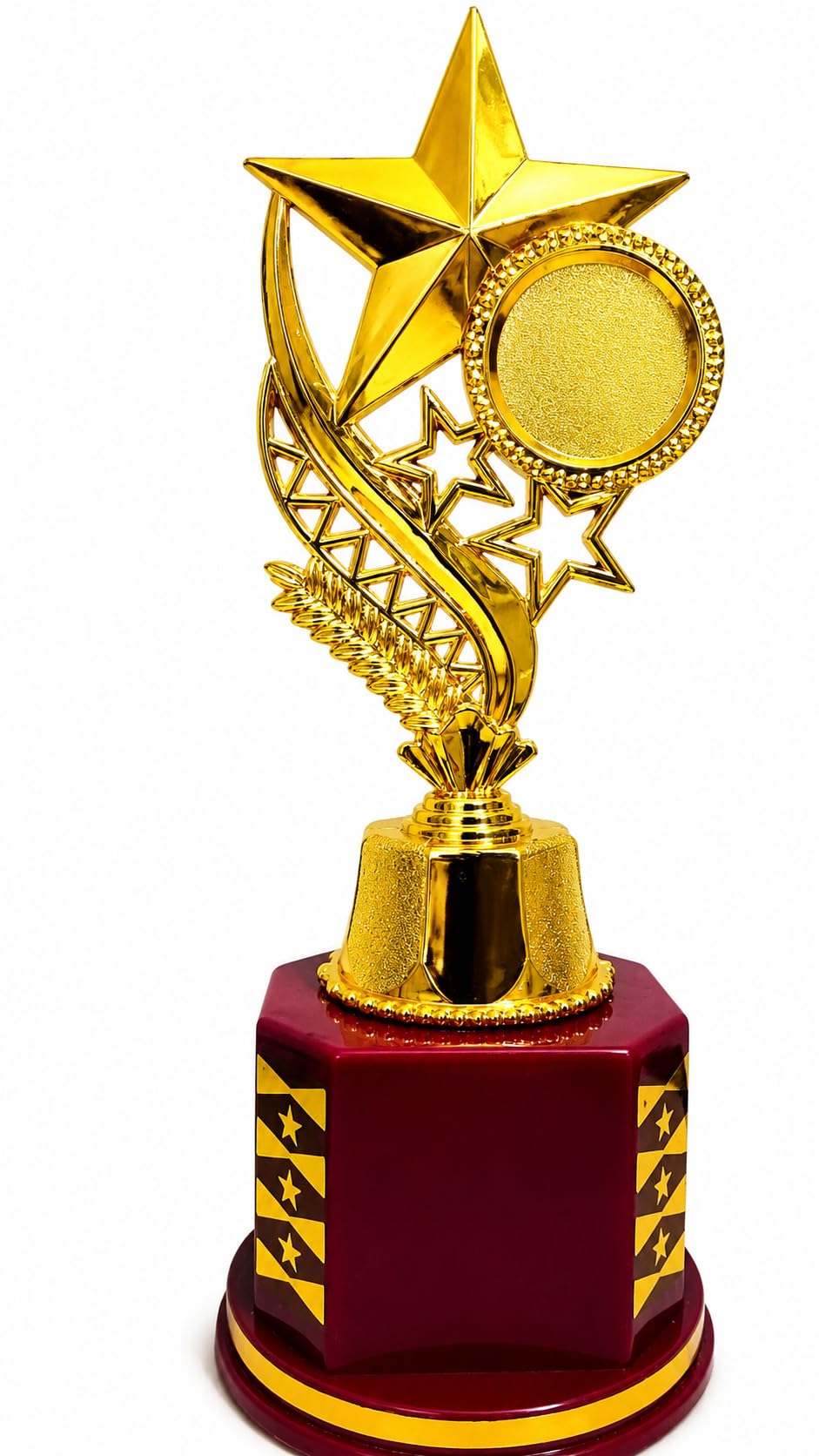 OG Premium Triple Star Troph;, Red Base; Decorative Award for Sports, Competition and Corporate Events (8.75 inches) | Gold Finish, Star Design-image-45