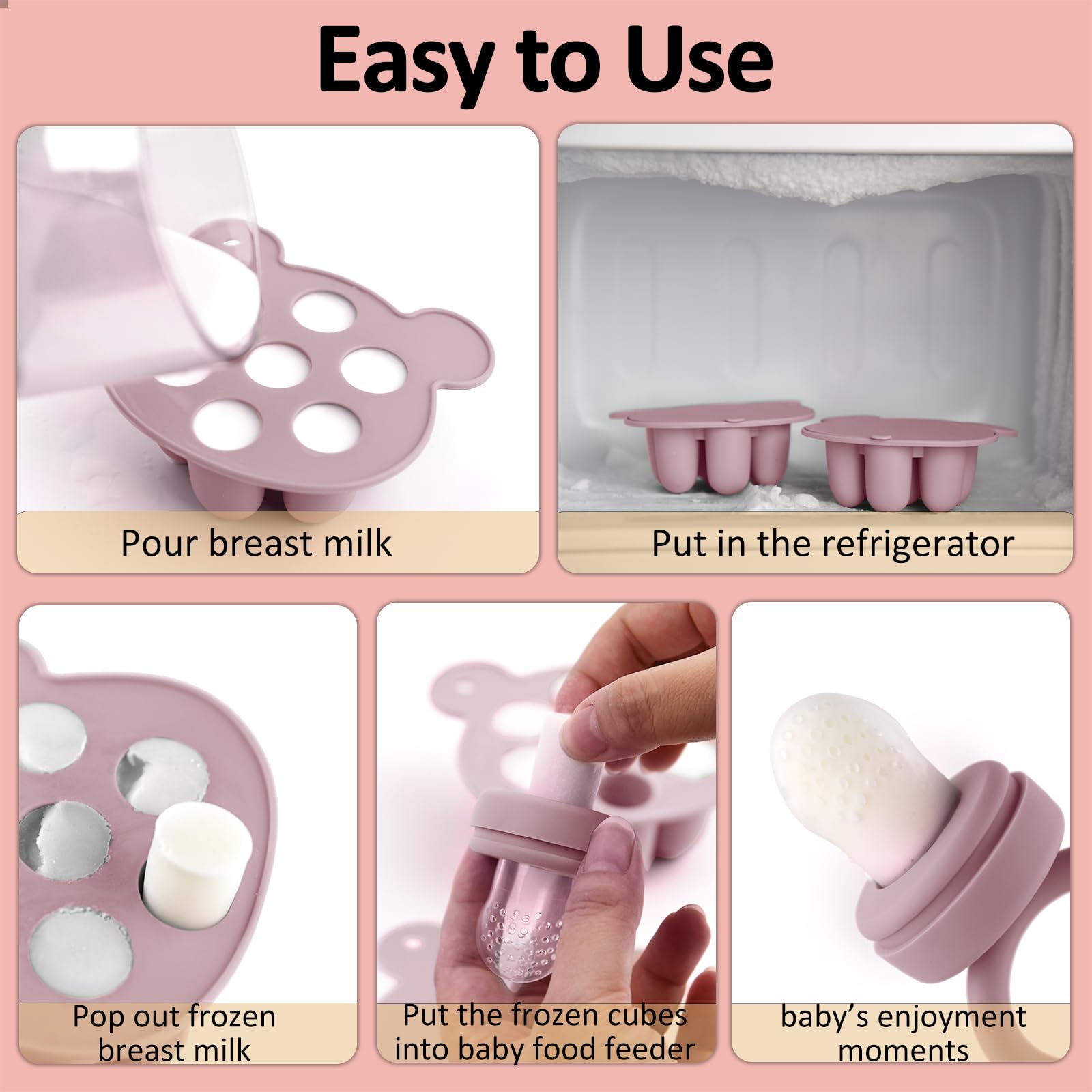JEXFUN Silicone Breastmilk Popsicle Freezer Molds & Baby Fruit Food Feeder Pacifier, Baby Food Storage Containers Breast Milk Ice Cubes for Baby Teething & Infant Self Feeding, BPA Free - (Light Pink)