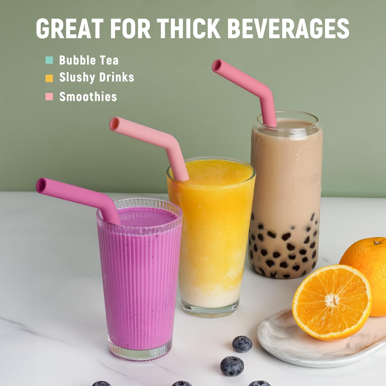 NiHome 6PCS Extra Wide Reusable Bent Silicone Straws for Boba, Smoothies, Bubble Tea, Eco-Friendly Bent Straws for Thick Drinks, Dishwasher Safe, Customizable Length, 2 Brushes(Pink Gradient)