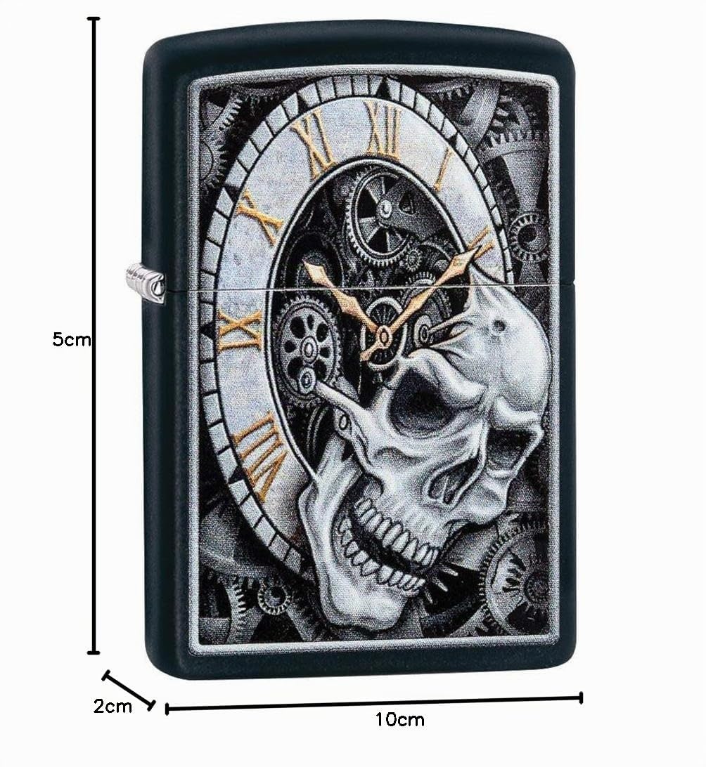 Zippo Briquet tempête – Skull Clock – Finition Noire Mate – Couleur Image – Rechargeable – Réutilisable – Design Coupe-Vent – Boîte Cadeau – Fabriqué aux États-Unis