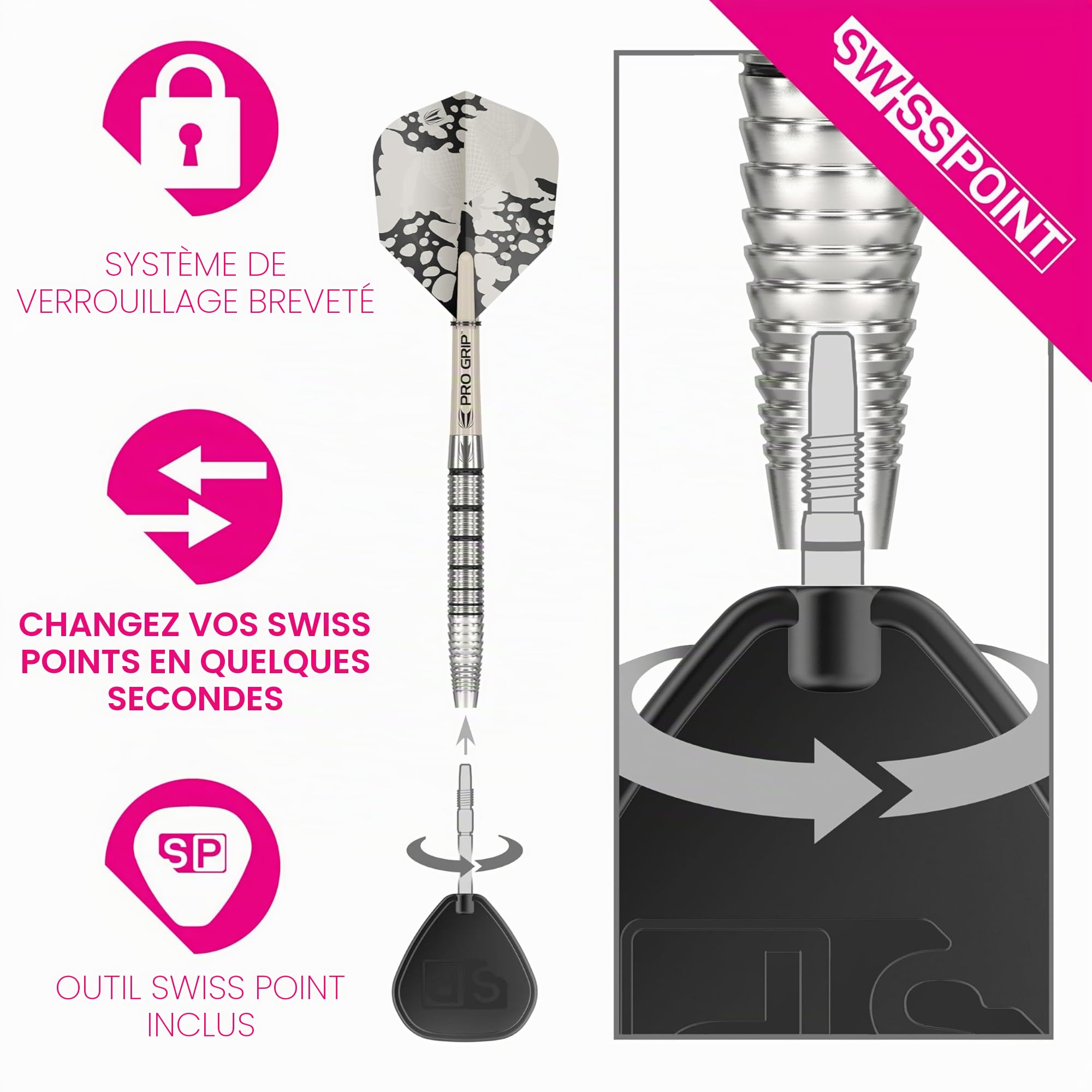 Target Darts EXO Edition fléchettes 90% tungstène pointe acier Swiss Point tiges Pro Grip ailettes n°6 outil SP inclus