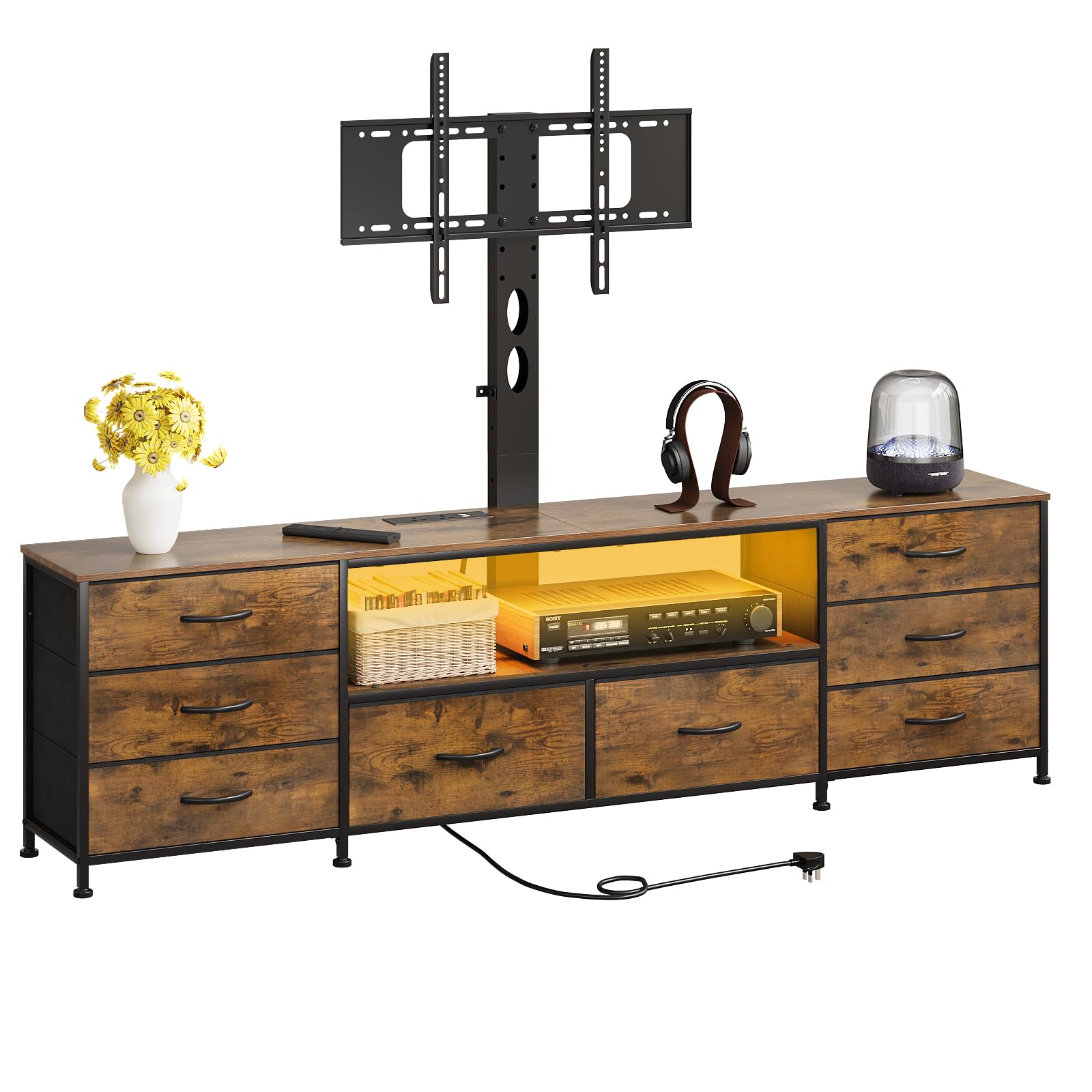 VEDECASA TV Stand with Mount & Power Outlets for 32โ80 Inch TVs, 70 Inch Industrial TV Unit with LED Lights, 8 Fabric Drawers and Storage Shelves, Rustic Brown Media Cabinet
