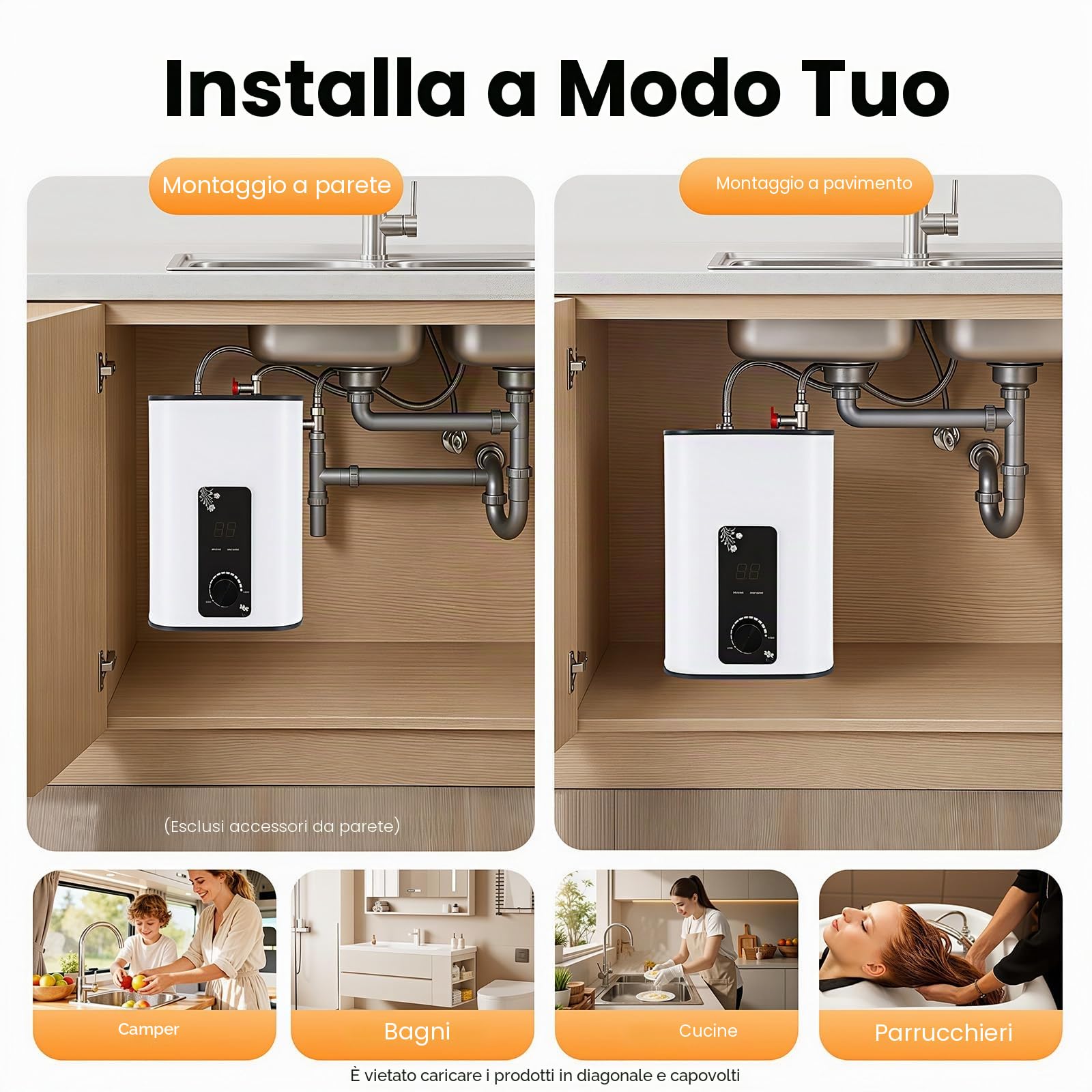 Scaldacqua elettrico istantaneo da 1500 W, temperatura regolabile da 0 a 65 °C, mini scaldacqua istantaneo con display, serbatoio acqua calda 8 l, piccolo scaldacqua istantaneo, per cucina, armadio