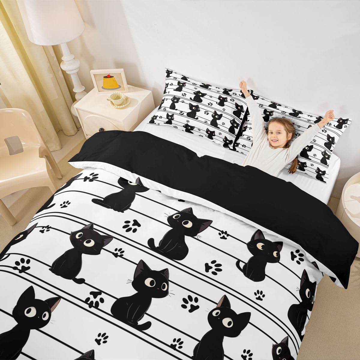 Homewish Dzieci czarny kot król zestawy pościeli na kołdrę urocze czarne koty poszewka na kołdrę kreskówka śmieszne koty łóżko zestaw kawaii kot łapa nadruk