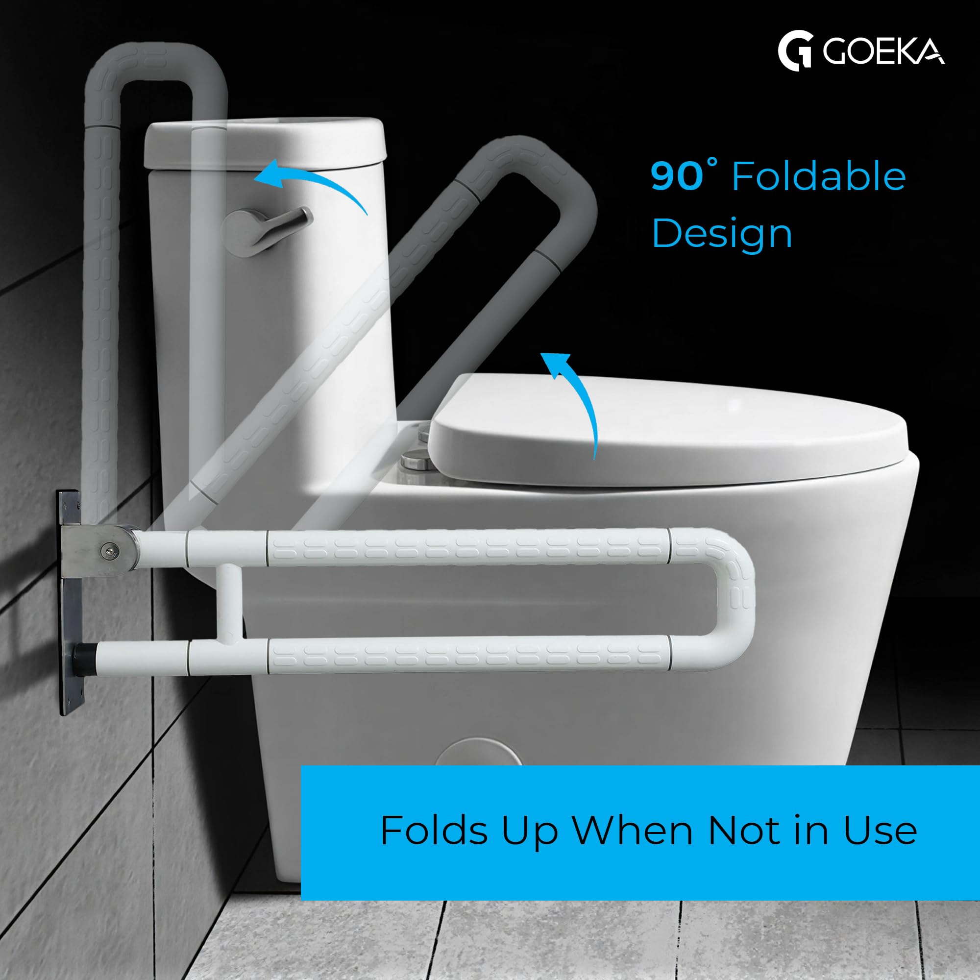 GOEKA Stainless Steel Flip-Up Grab Bar, Space-Saving Design, 304 Rust-Resistant Construction, Anti-Slip Grip, White, 24 Inch Mobility Assistance, Toilet & Bedside - Bathroom Safety Bar for Elderly 2