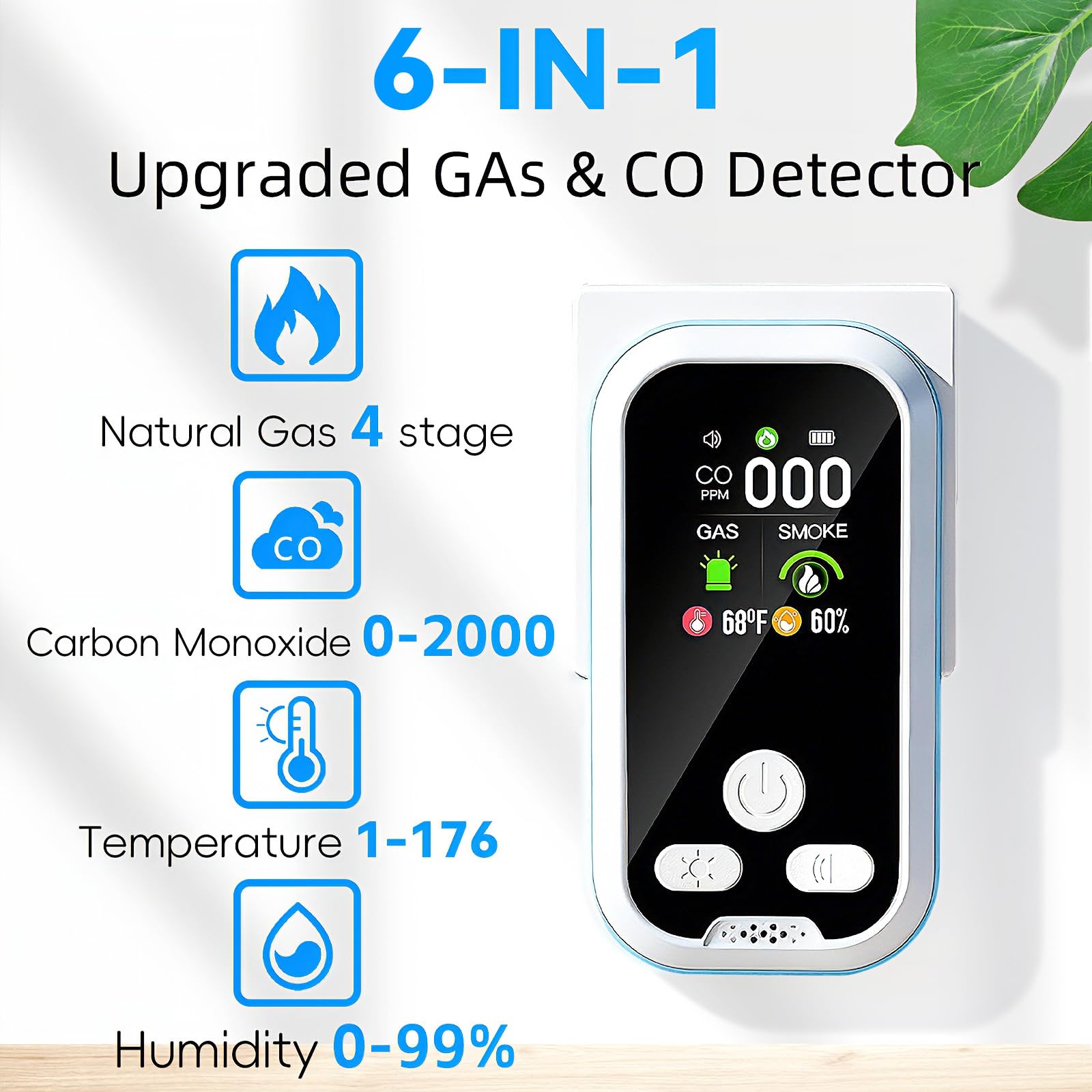 6 in1 Carbon Monoxide Detector Combo with HD Screen Monoxide Alarm Detects CO Natural Gas Smoke Temperature and — view 3