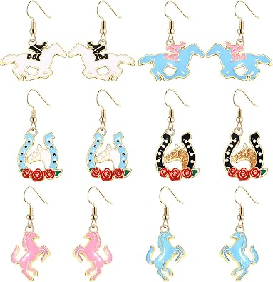 6 Pairs Horse Horseshoe Earrings Fun Derby Race Horse Drop Dangle Earrings for Women Western Cute Horse Horseshoe Dangling Earrings Jewelry Gift for Horse Racing Fan