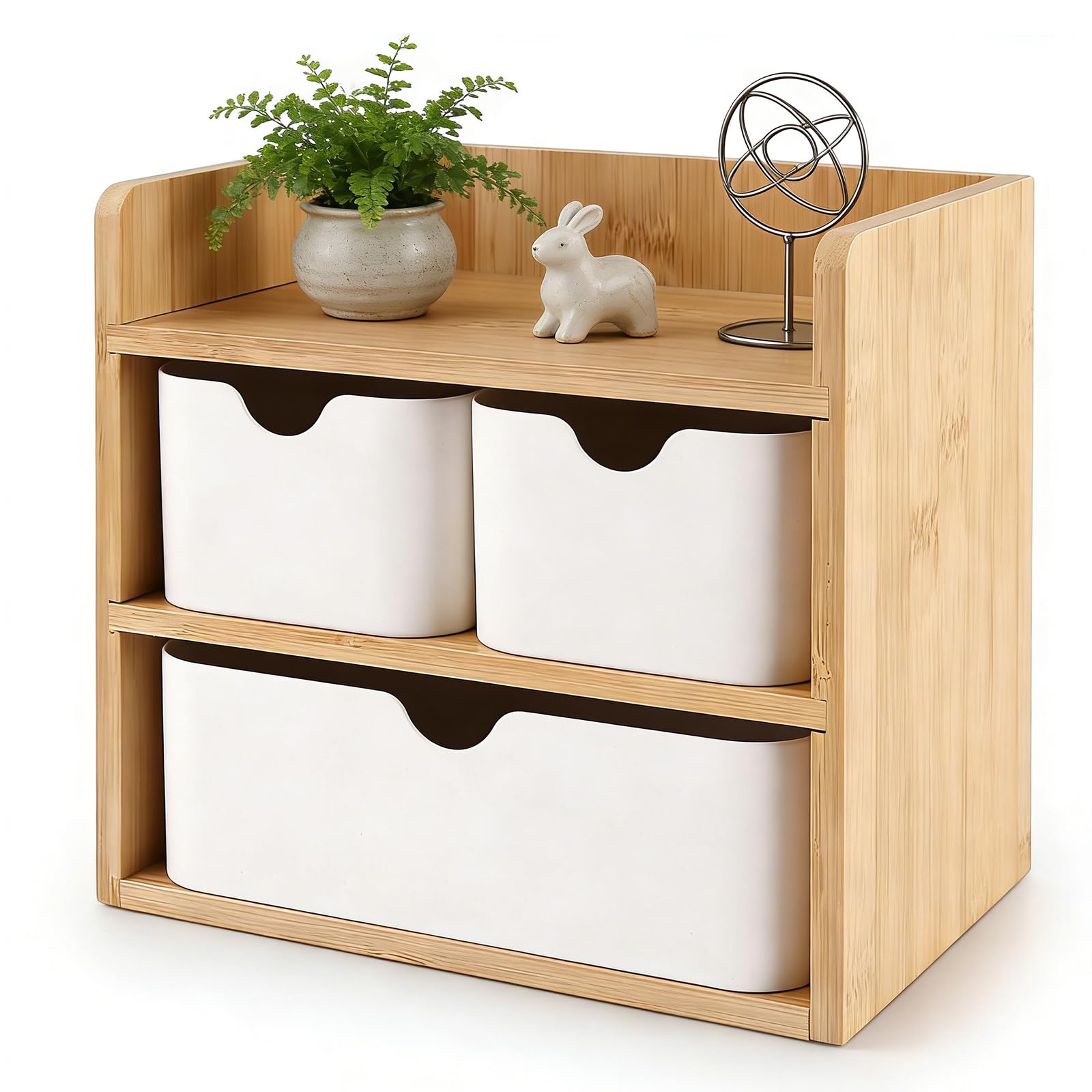 Caja de almacenamiento de madera para escritorio, caja con 3 cajones, compacta con borde de protección, 14 x 20 x 19 cm, para oficina, hogar y escuela