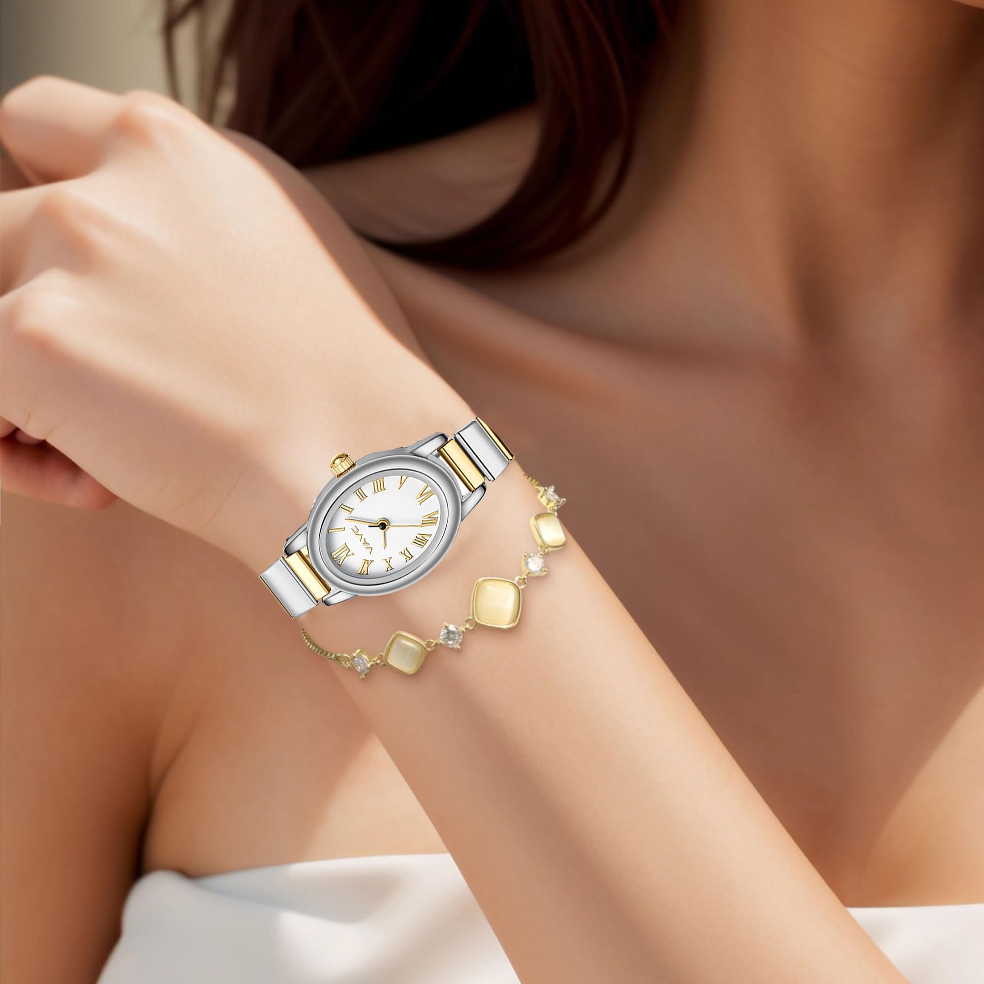 Orologio analogico da donna, con cinturino di espansione in acciaio inossidabile, quadrante romano ovale, resistente all'acqua (15 - 17 cm)