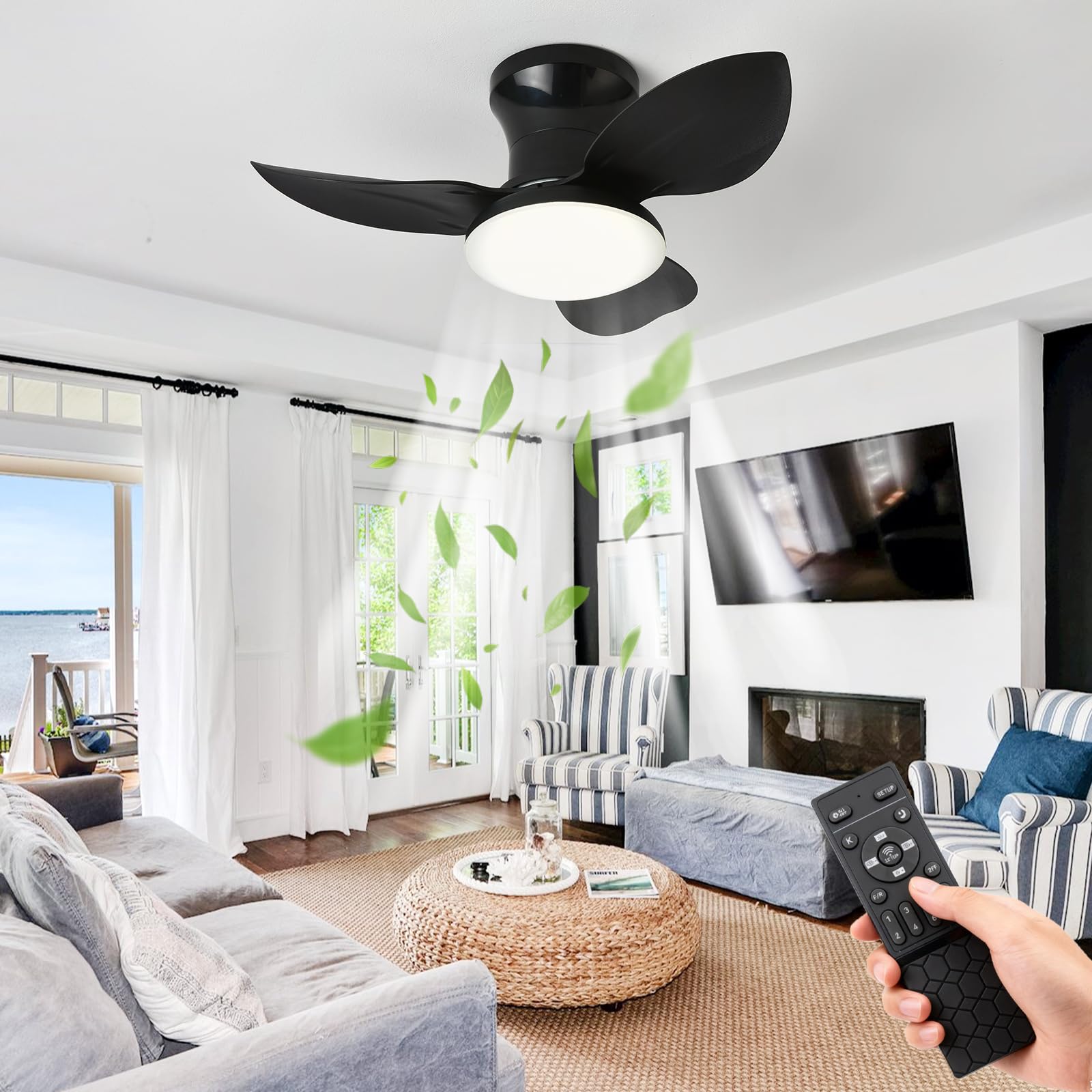 SXDMOUBK Nero 65cm Modern Ceiling Fan Light Dimmable LED with Wireless Remote Silent Operation Powerful Airflow Perfect for Bedroom and Kids' Room