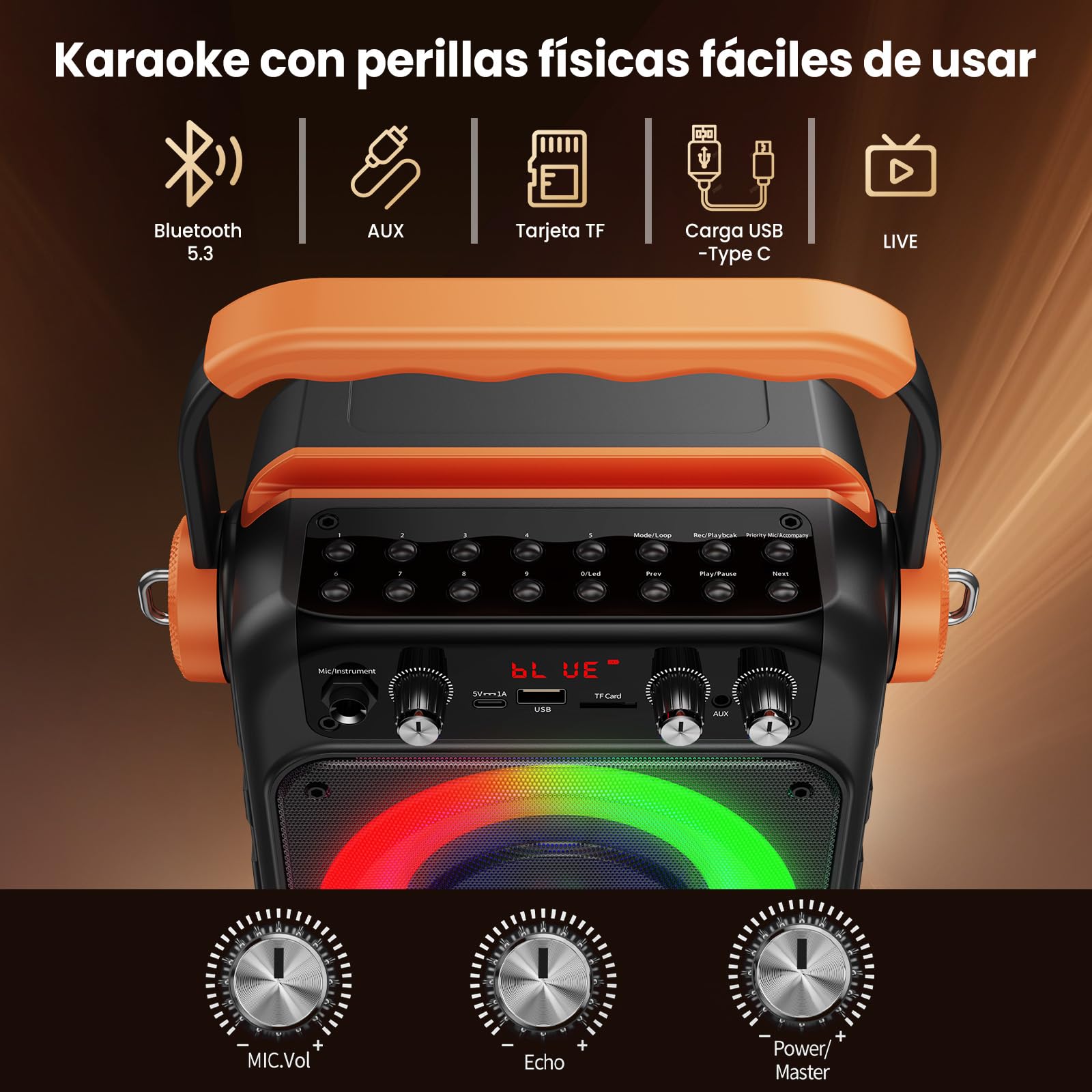 JYX Karaoke con 2 micrófonos inalámbricos: Altavoz portátil Karaoke Bluetooth 5.3, Sistema PA para Familiares con subwoofer, Soporte Rec/AUX/USB/TF, Disponible como Regalo Adultos y niños