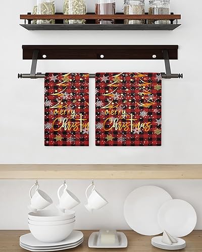 Miniatura 3 de Kitchen Towel 2 Packs Cotton Waffle Weave, Merry Christmas Tree Red Black Buffalo Plaid Snowflake 16 x 24 Inch Absorbent Quick Drying Dish Towels