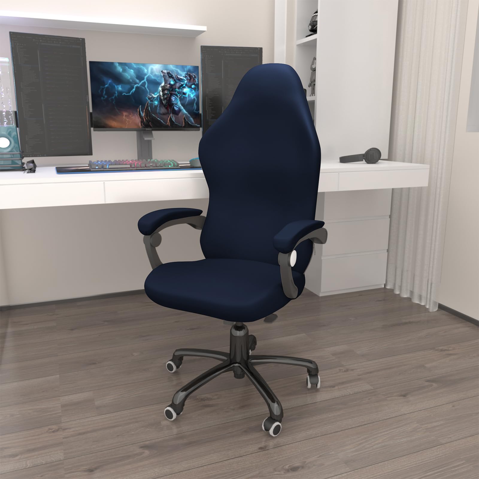 Gaming Chair Covers Slipcovers Stretch Gamer Chair Covers with Armrest Covers Waterproof Fabric Non-Slip Grip & Anti-Scratch Pet-Resistant, Universal Fit Rotating Gaming Chair Protector - Navy Blue