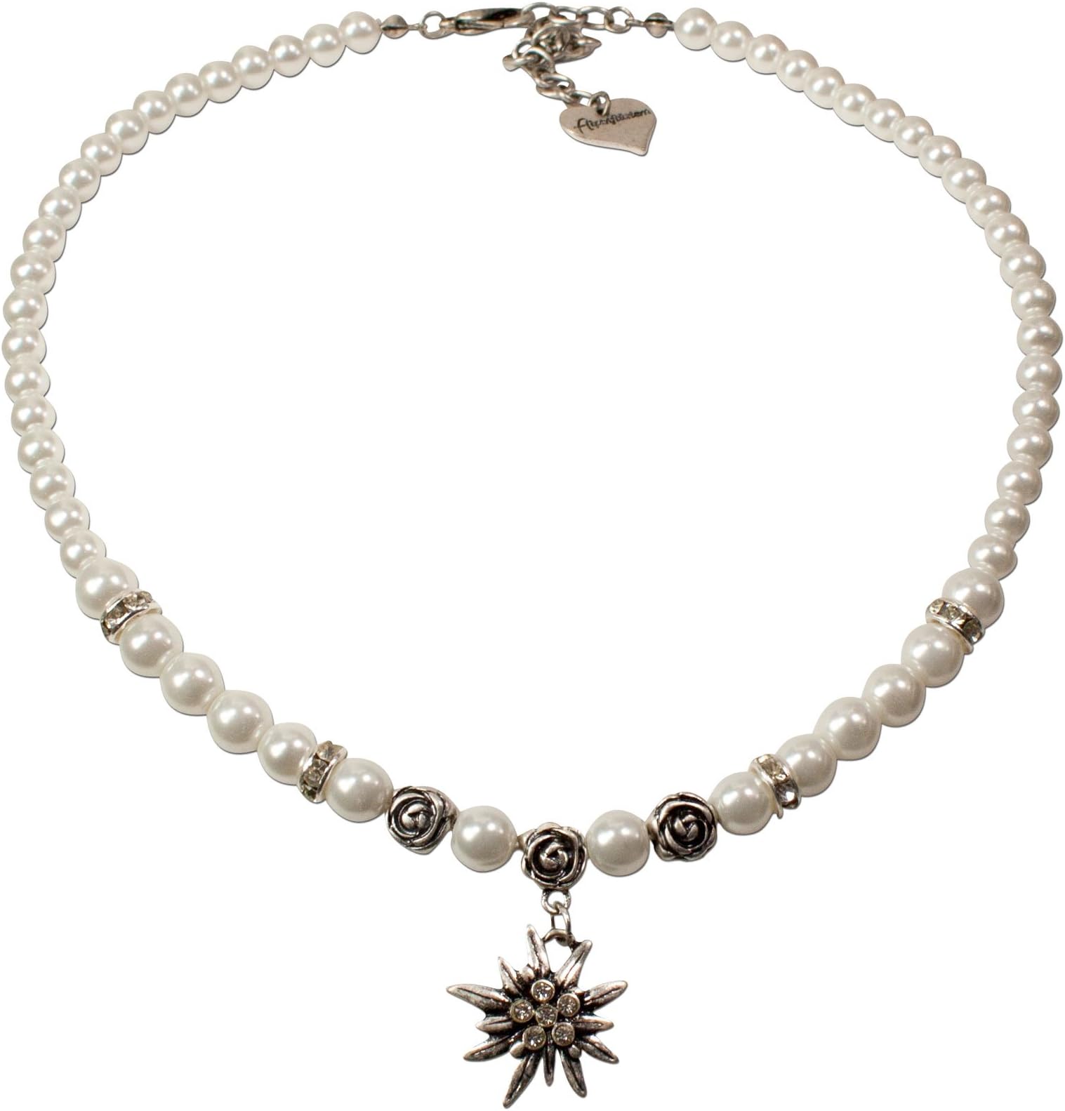 Traditional bavarian pearl necklace Fiona with rhinestones Edelweiss small, Ladies costume jewelry, beaded necklace for Dirndl, Leather trouser, Oktoberfest (cream-white)