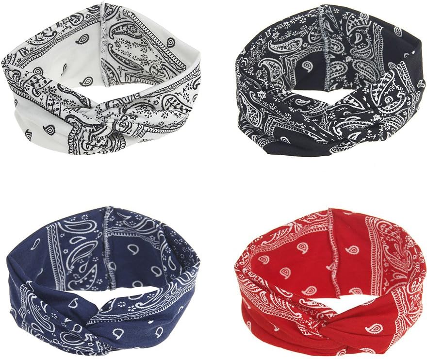 Assorted Paisley Print Wide Bandana Knot Headbands Criss Cross Head Wrap Hair Band (4 Colors Pack A)