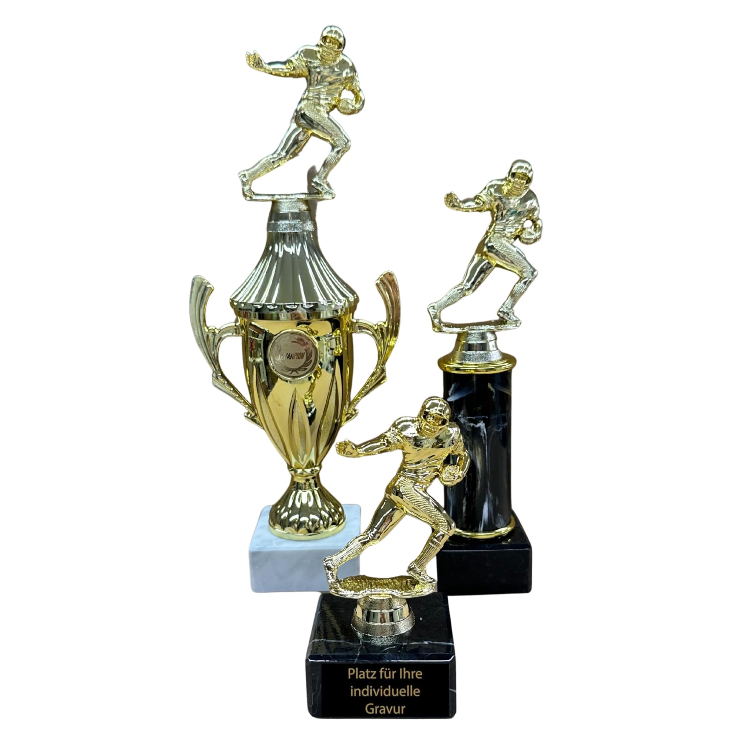 3er Set American Football Pokale in Goldoptik, mit Marmor- & Pokalsockel, inkl. Gravurschildern | ca. 13 cm, 23 cm & 30 cm hoch | ideal für Turniere, Teams & Ehrungen