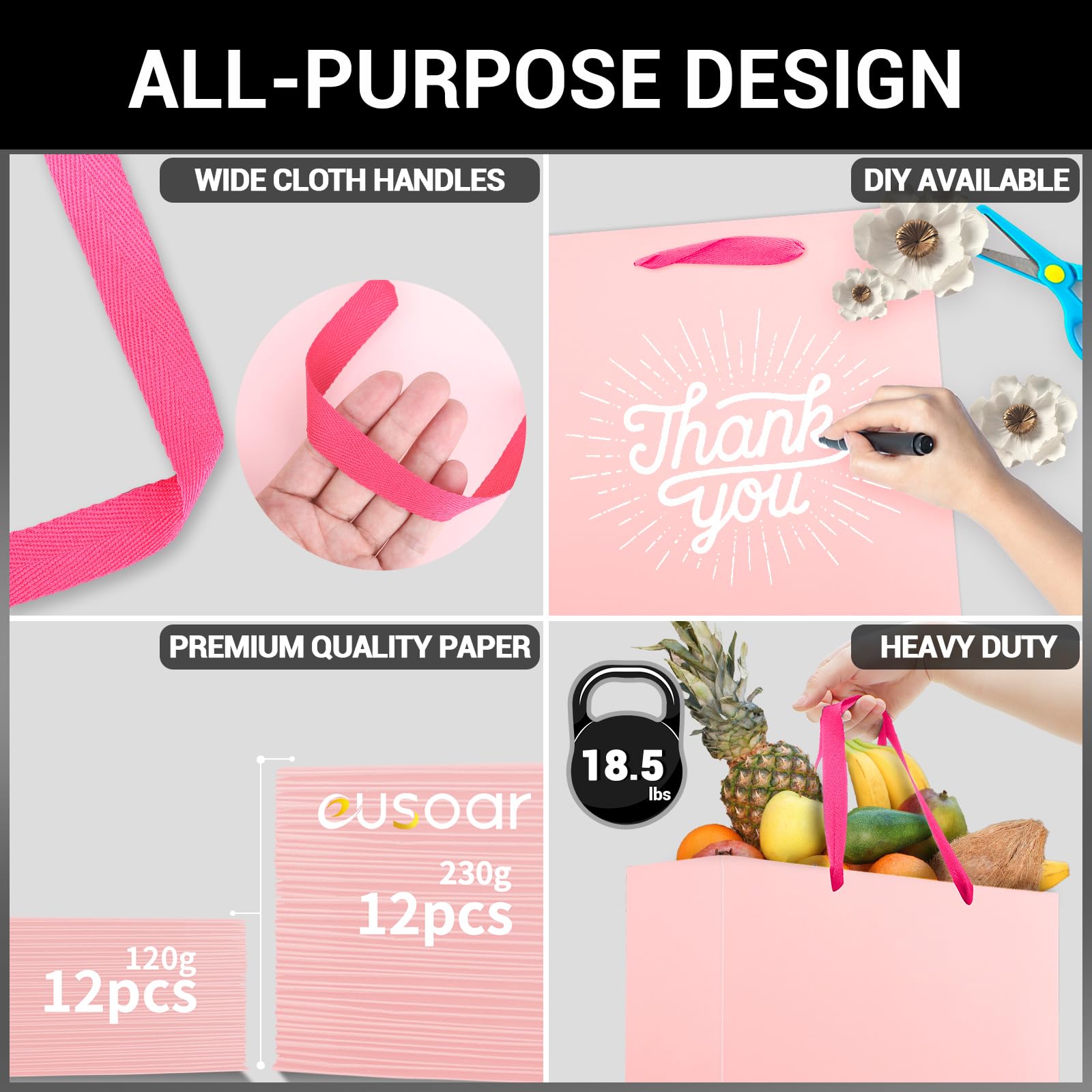 EUSOAR Extra Large Pink Gifts Wrap Bags, 12 Pack 16x6x12 inches Shopping Bags with Handles Bulk, Retail Wrapping Bags for Wedding, Craft Grocery, Boutique, Party Favor, Business