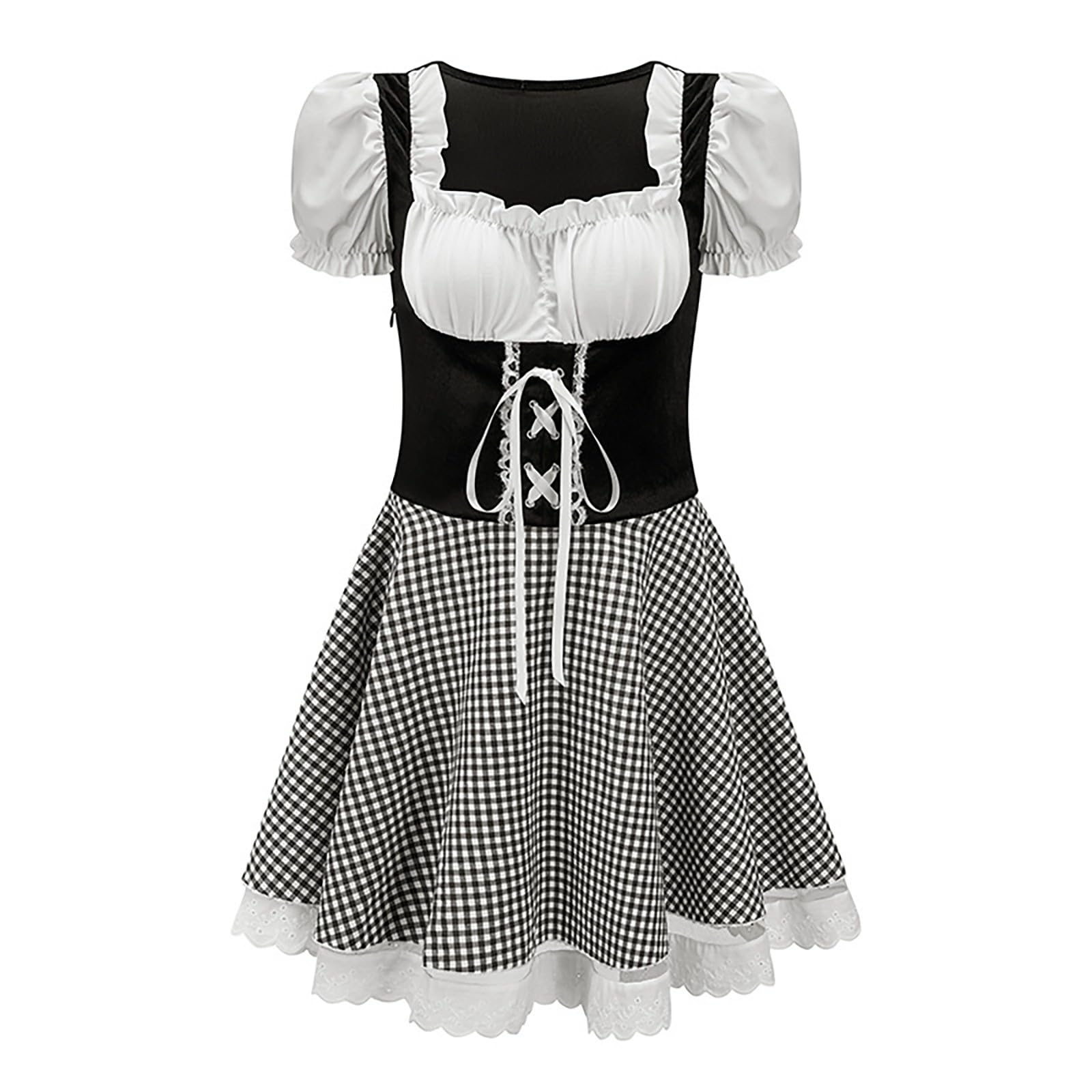 Kleid Damen Trachtenmode Dirndlkleid Midi Baumwolle Trachtenkleid Schwarz Oktoberfest Outfit Inkl. Spitzen Dirndlschürze Klassisches Elegantes Trachtenrock Karneval Oktoberfest Party