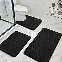 BYSURE Black Memory Foam Bathroom Rug Set 3 Piece - Non-Slip, Ultra Soft, Absorbent, Machine Washable Bath Mats & Toilet Mat