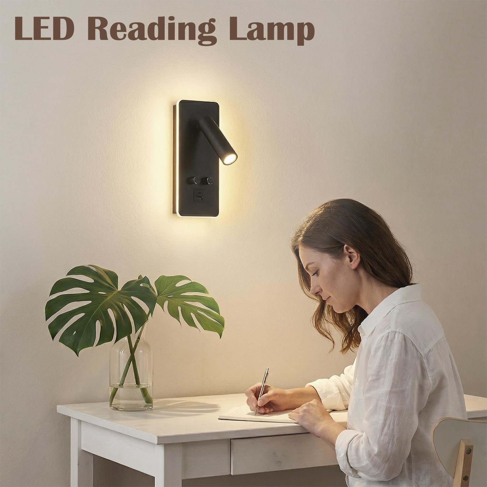 2Pcs Lampada da Lettura, Lampada da Parete a LED con Iinterruttore e ricarica USB, lampada da lettura a parete 3W+9W 3000K, Applique da Lettura Regolabile, 350 ° Letto Rotante Luce di Lettura(A)