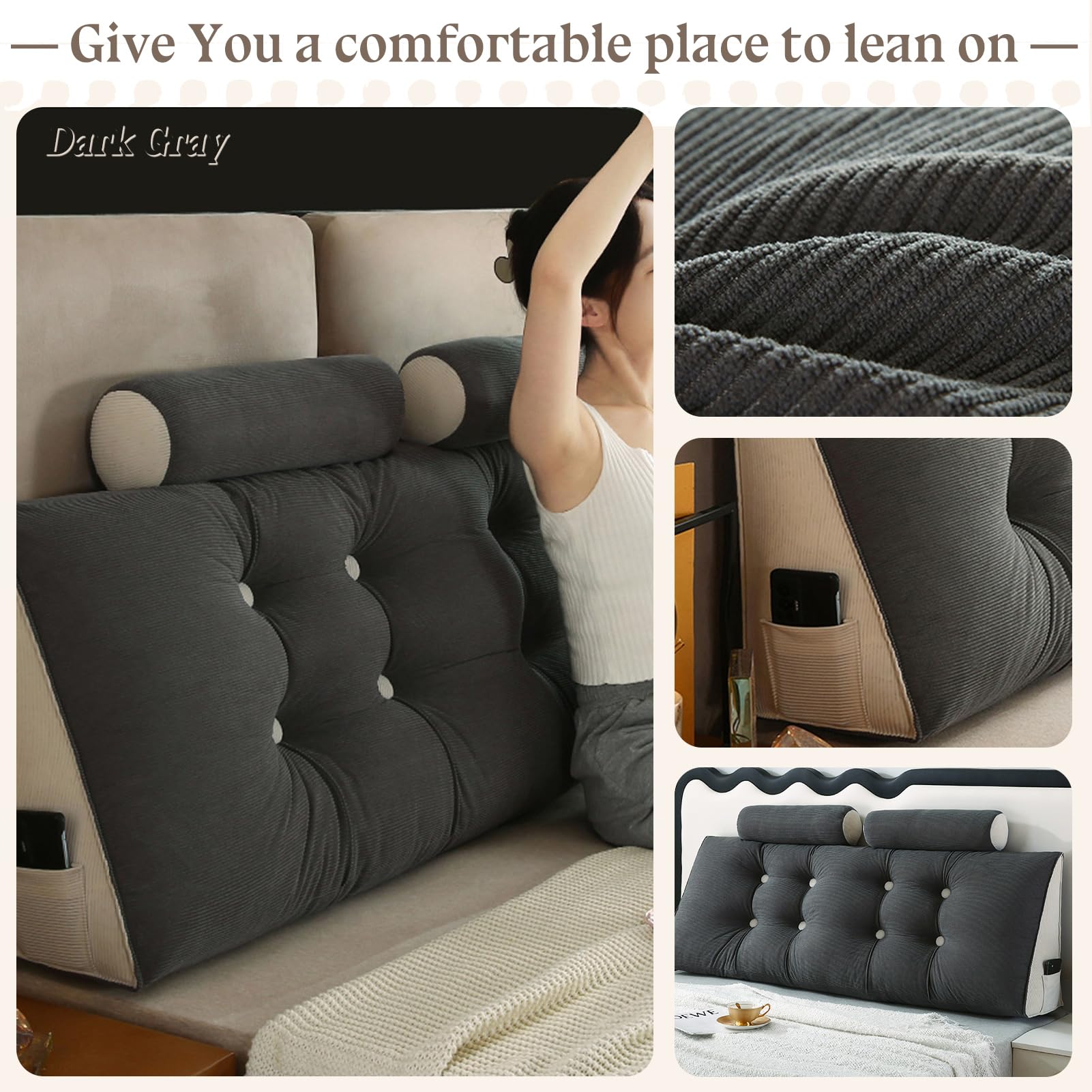 Keilkissen Lang Rückenkissen für Bett: Bequemes Lesekissen Abnehmbar Sofa Lendenkissen Dreieckiges Hohen Rückenlehne Kissen mit Nackenstützkissen (Dark Gray, 150 * 50 * 20cm)