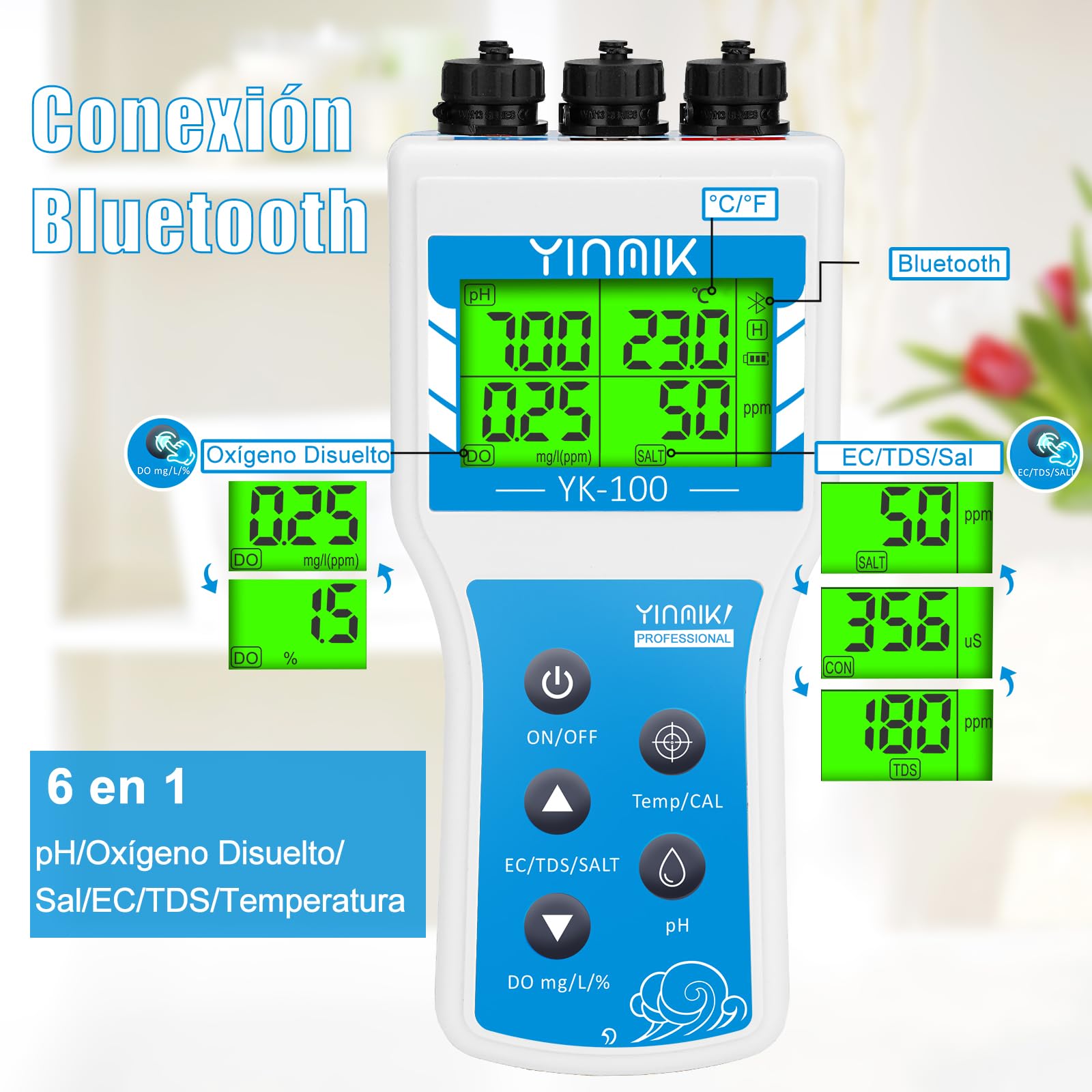 Medidor de Oxígeno Disuelto, Probador de pH DO SALT EC TDS Temp, Medidor de DO Inteligente con Compensación de Sal y Altitud, Monitor de DO Digital para Acuario, Acuicultura, Elaboración Científica | Medidor de temperatura 6 en 1 pH DO sal EC TDS con sali
