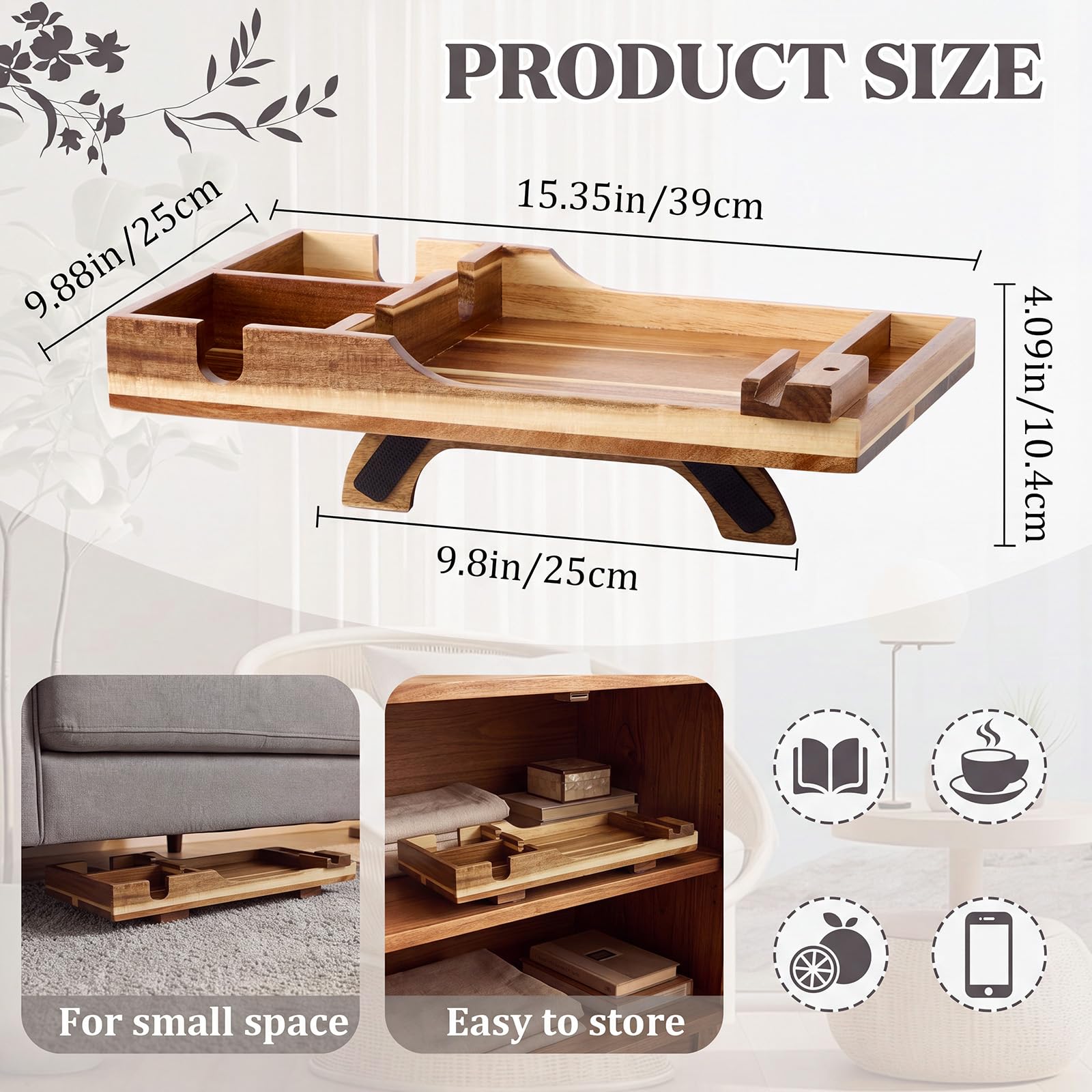Zhehao Vassoio per divano in legno di acacia, con supporto per telefono, inserto pieghevole per divano componibile, organizer centrale per bevande, snack, telecomando per telefono (scomparto rialzato