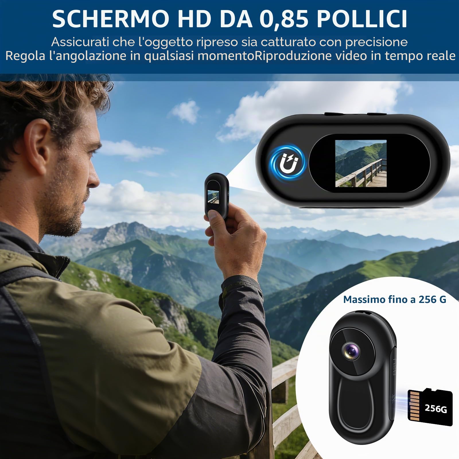 Action Camera,1080P HD ＆ Display da 0,86 Pollici Bodycam,Clip posteriore girevole a 360° Telecamera Sportiva Magnetica,Kit Accessori per Casco/Bici/Moto Telecamera d'azione