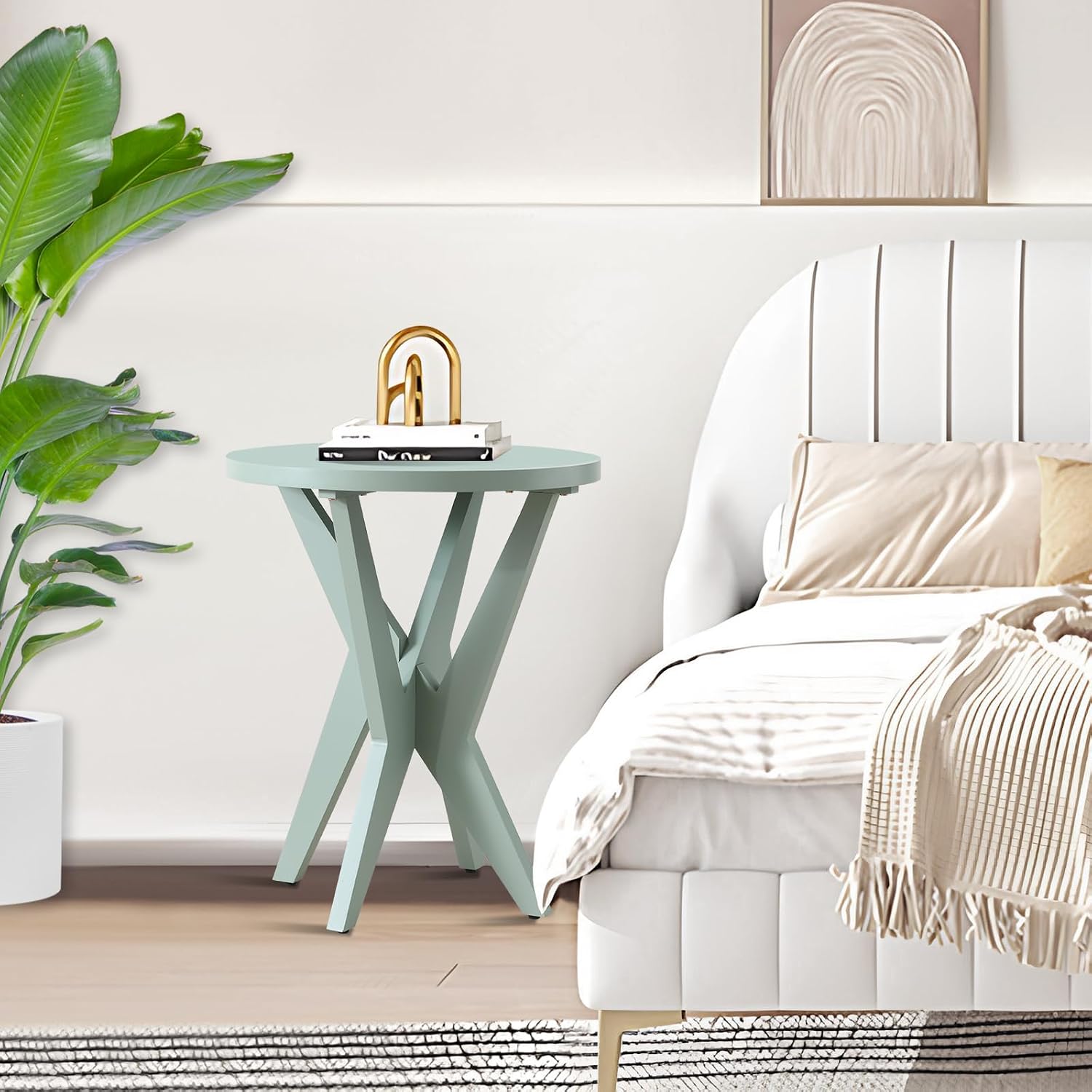 Ahokua end table used as a bedside table in a bedroom.