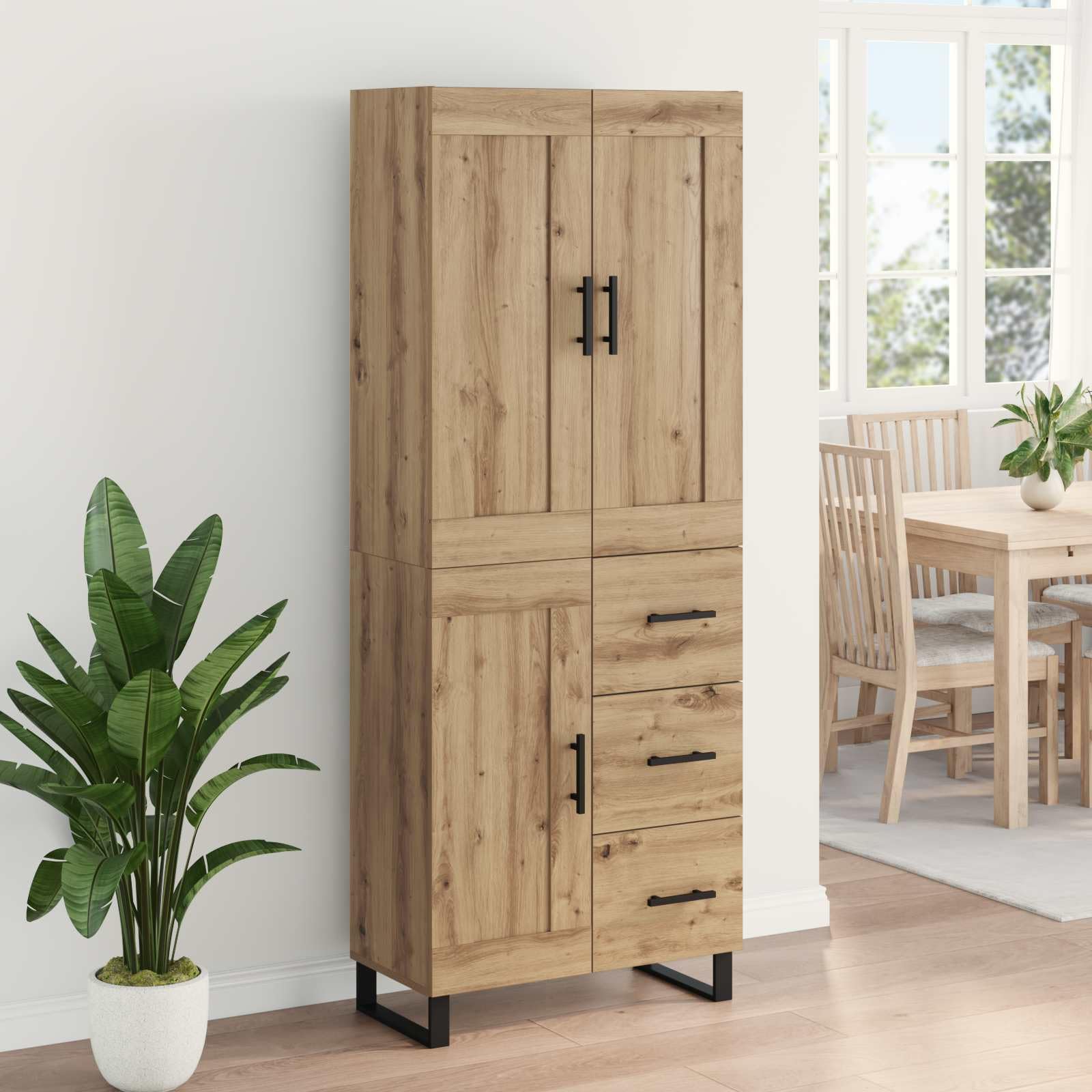Armadietto multiuso in rovere Artisan, 69,5 x 34 x 180 cm | Armadietto robusto per sala da pranzo e soggiorno con ripiani versatili e gambe in metallo robuste.