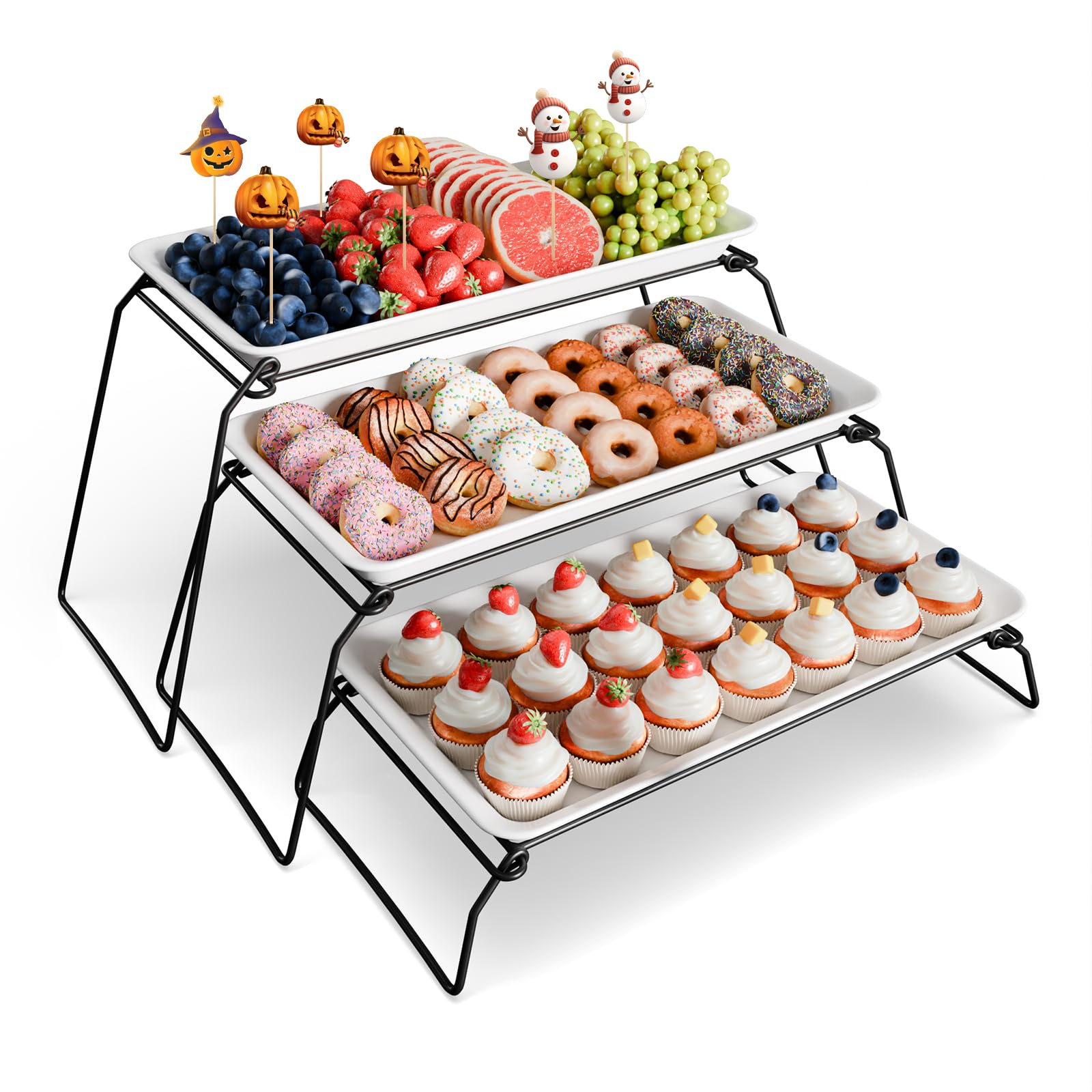 Bumusty Extra Large 3 Tier Melamine Plastic Serving Tray Set and Cupcake Stand for Party Events, 17" Platters with Tiered Stand, Holds 63 Cupcakes, Food, Dessert, and Fruit – Black