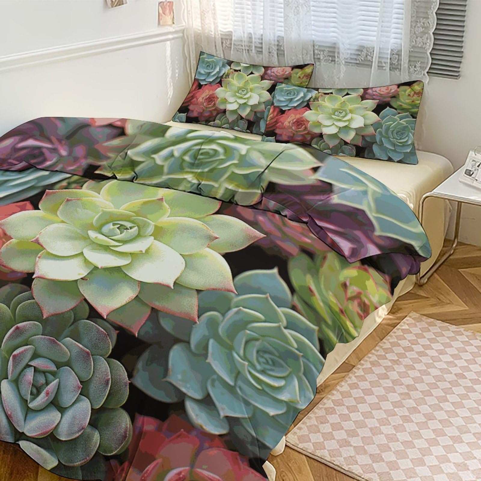Parure de lit 3 pièces couette pour grand lit 259x228 cm imprimé succulentes vertes épaisses maison