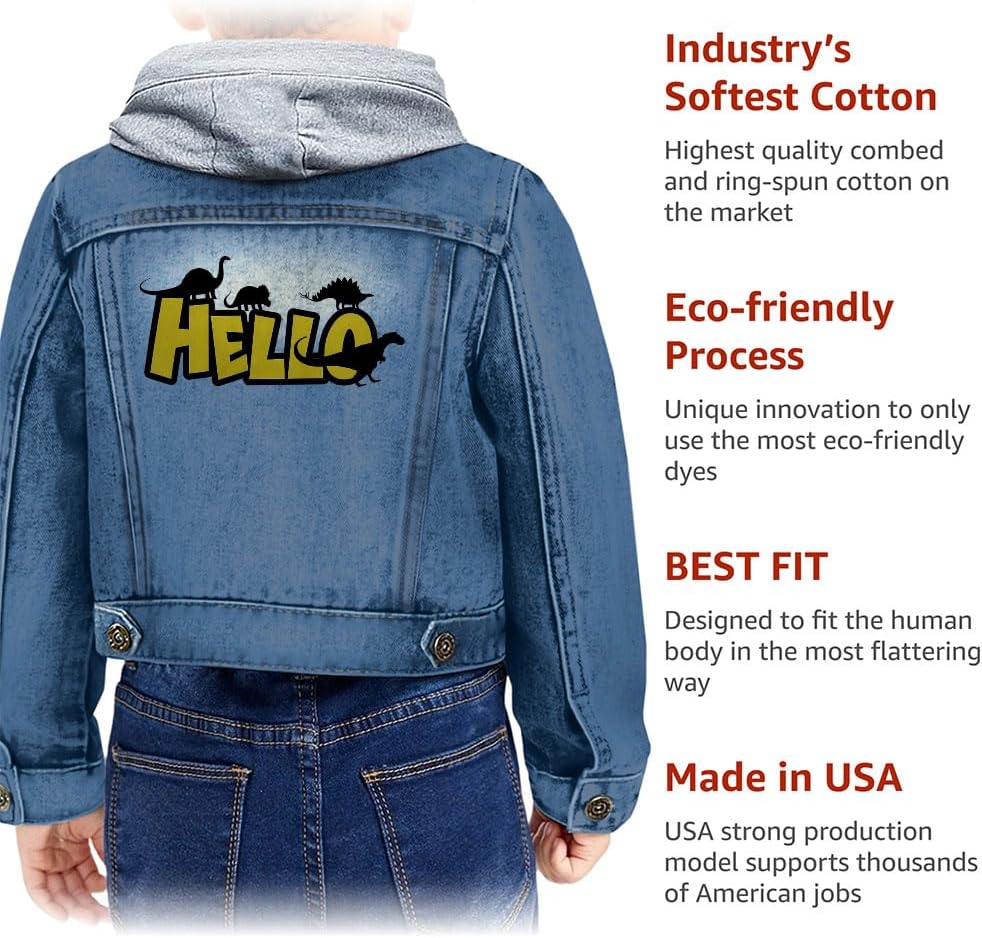 Hello Dino Toddler Hooded Denim Jacket - Dinosaur Print Clothing - Cute Dino Themed Boy Present