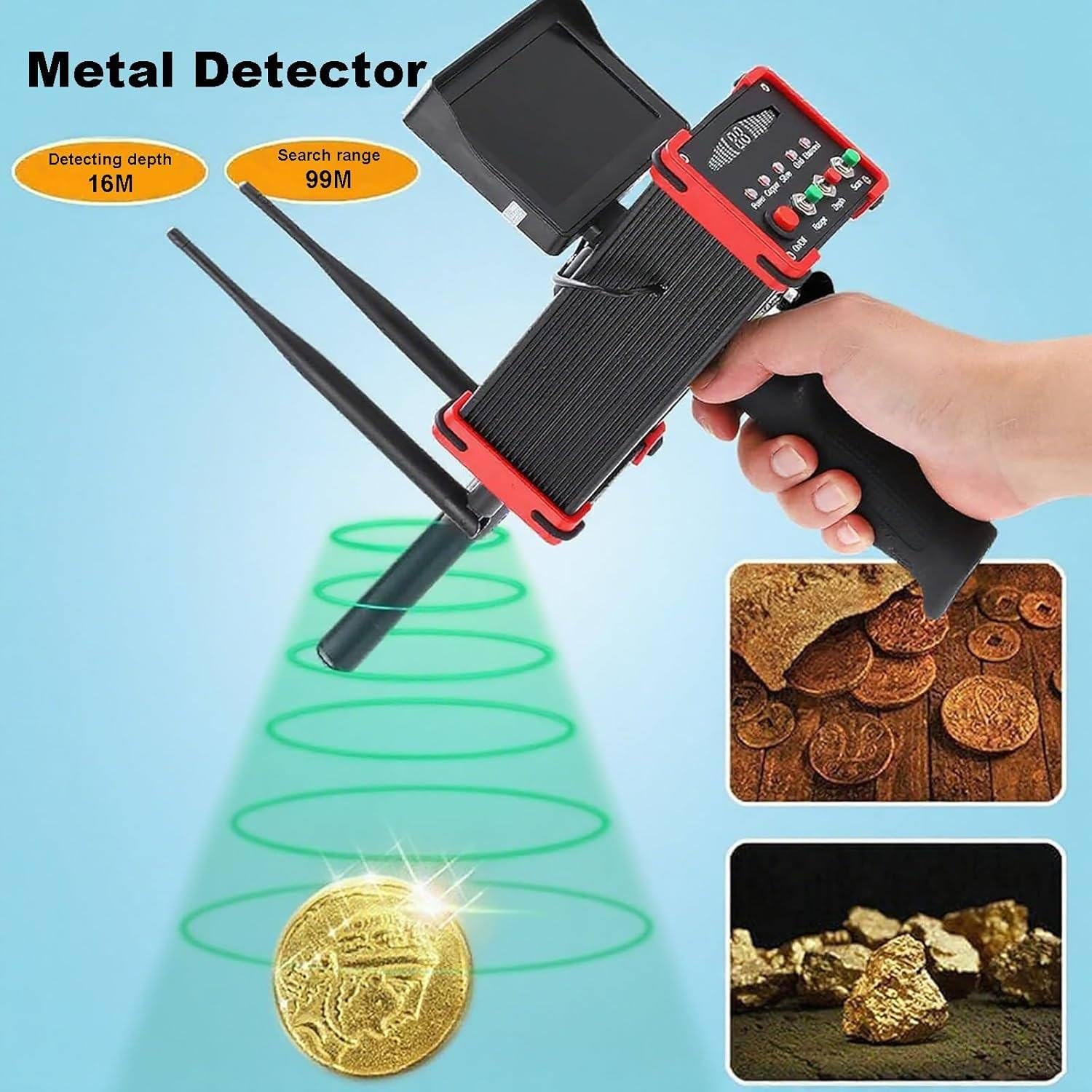 Détecteur de métaux avec écran haute définition, portée de détection de 99 m, profondeur 16 m, double tige réglable pour or, argent, cuivre - Scanner longue portée