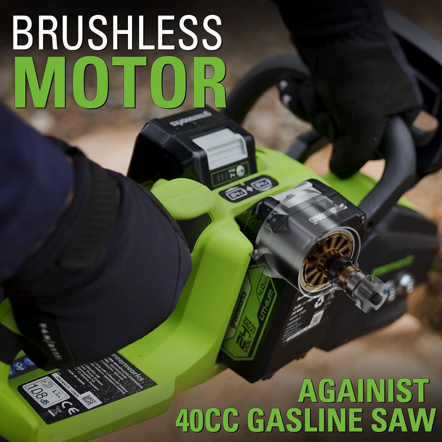 Greenworks GD24X2CS36 cordless chainsaw cutting a log, demonstrating cutting capacity.