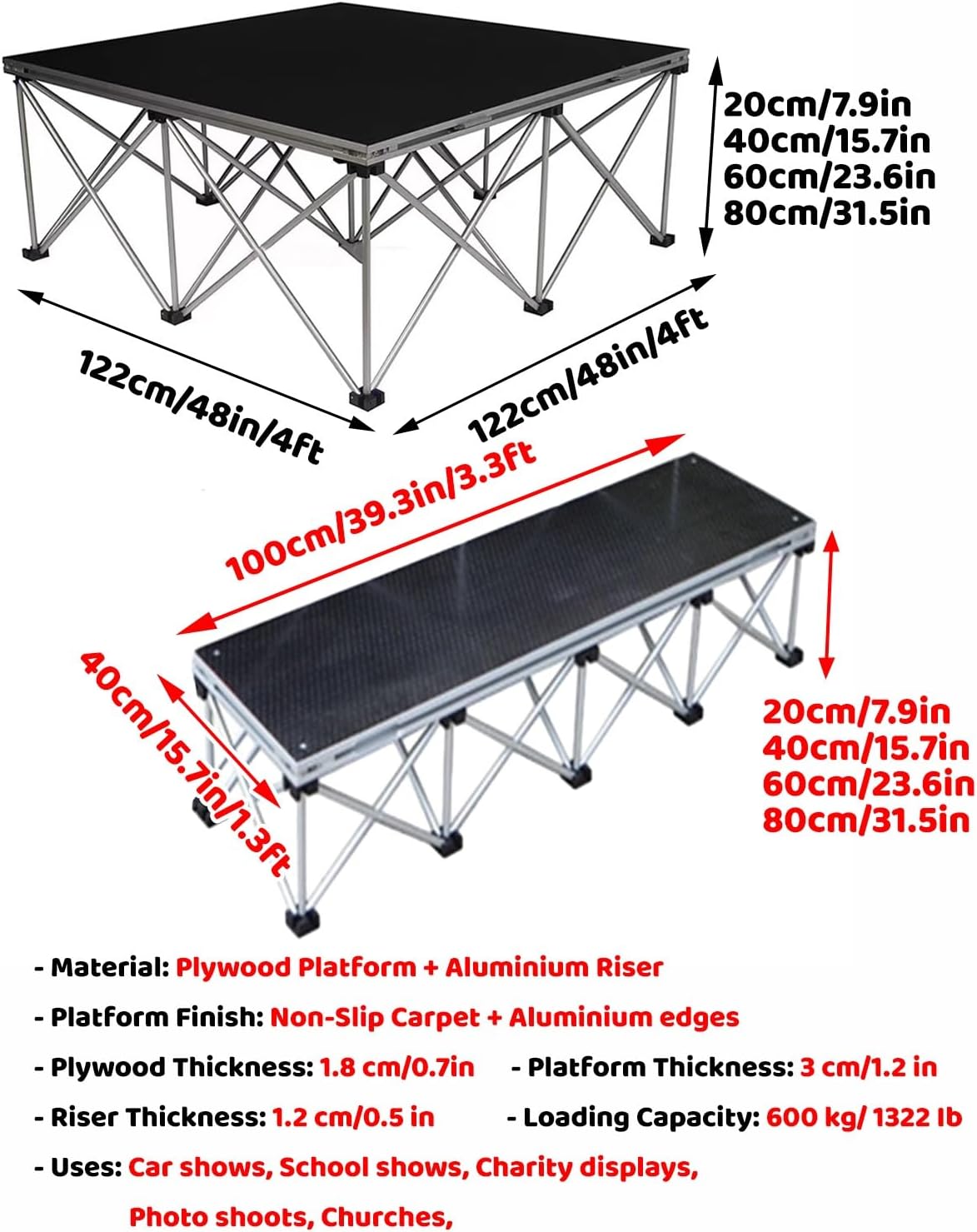 Portable Platform with Skirting, Detachable Riser System for Church Concerts, Dance Performances, Drums, Step Bench (H 60cm/23.6") - Event Ready