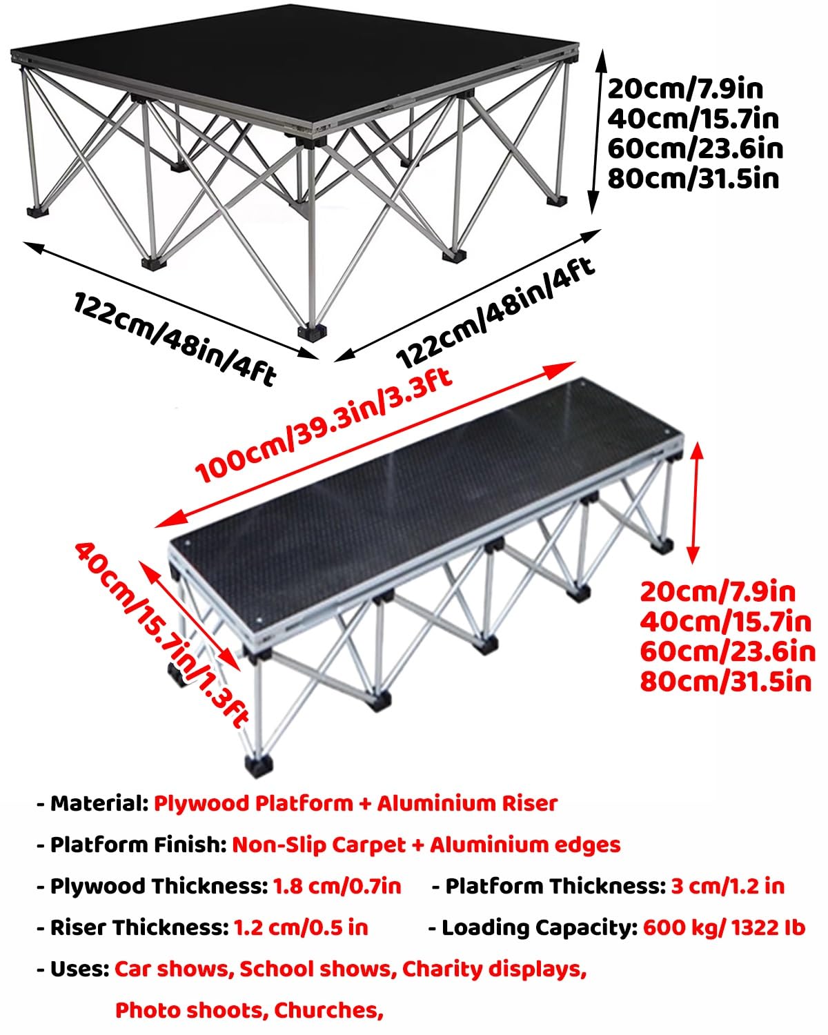 Plataforma de escenario portátil con zócalo, elevador desmontable para conciertos de iglesia y bailarines, sistema de escenario de ciempiés, ideal para tambores, 31.5 pulgadas de altura, fácil