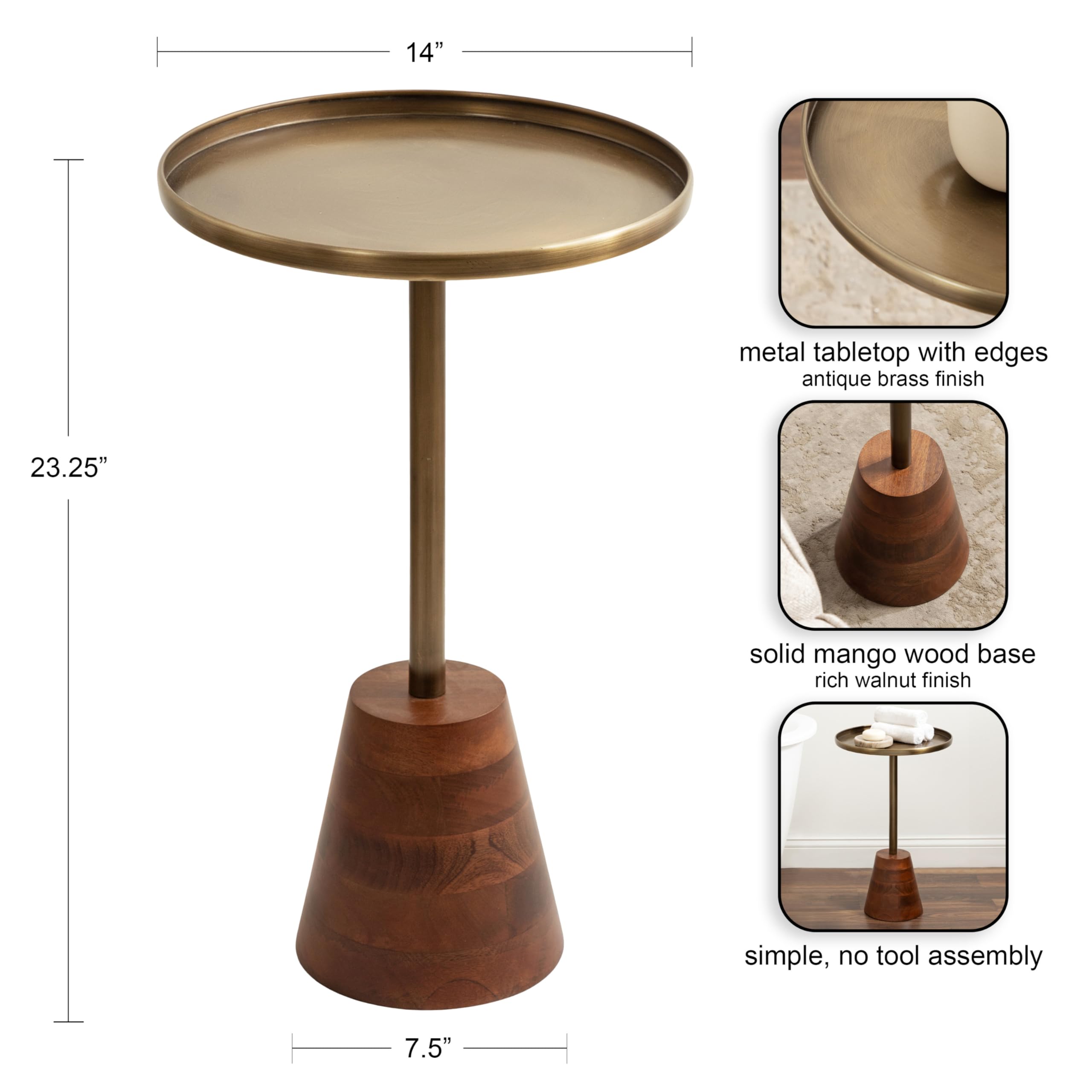 Kate and Laurel Tira Elegant Round Side Table, 14 x 24, Brass and Walnut Brown, Mid-Century Circle End Table for Use as Bedroom Nightstand or Living Room Table Option