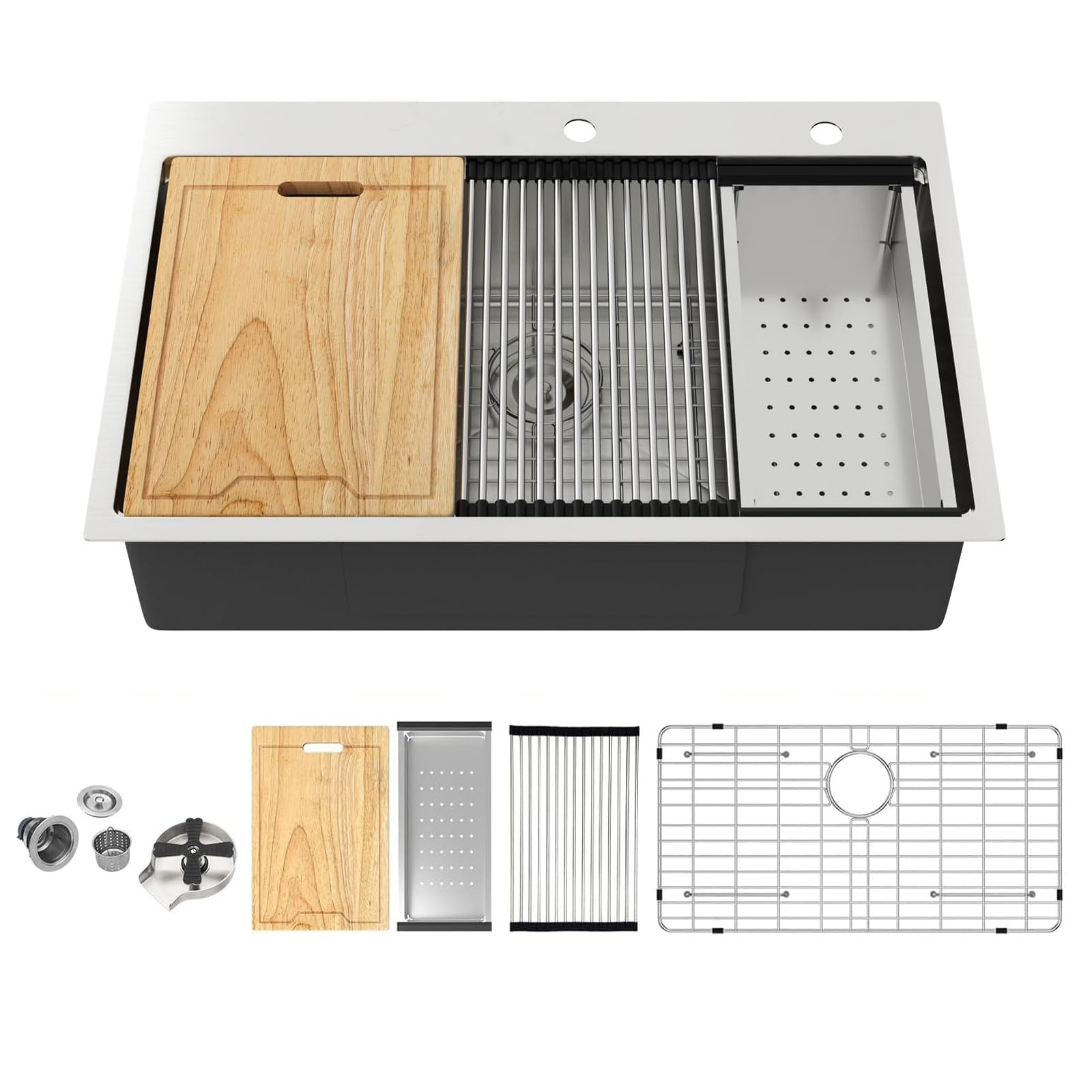 Kichae 33x22 Drop In Workstation Sink with Glass Rinser