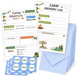 15 Set of Cards, Envelops and Stickers Camp Cards for Kids, Double-Sided Fill-in Summer Camp Stationery Set, Letters Home from Camp-Adventure Check-In Blue