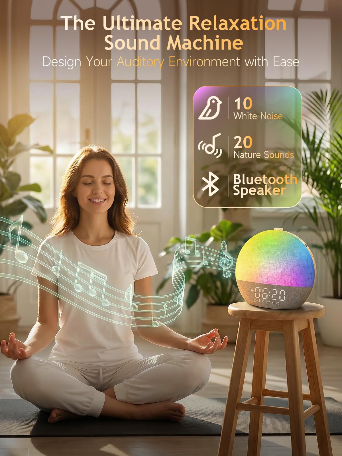 Despertador Amanecer, Despertador con Luz Natural Simulación de Amanecer, Lámpara de Cabecera Bluetooth, 30 Sonidos Ruido Blanco, 17 Modos de Luz RGB, 20 Niveles de Brillo, Temporizador y Snooze