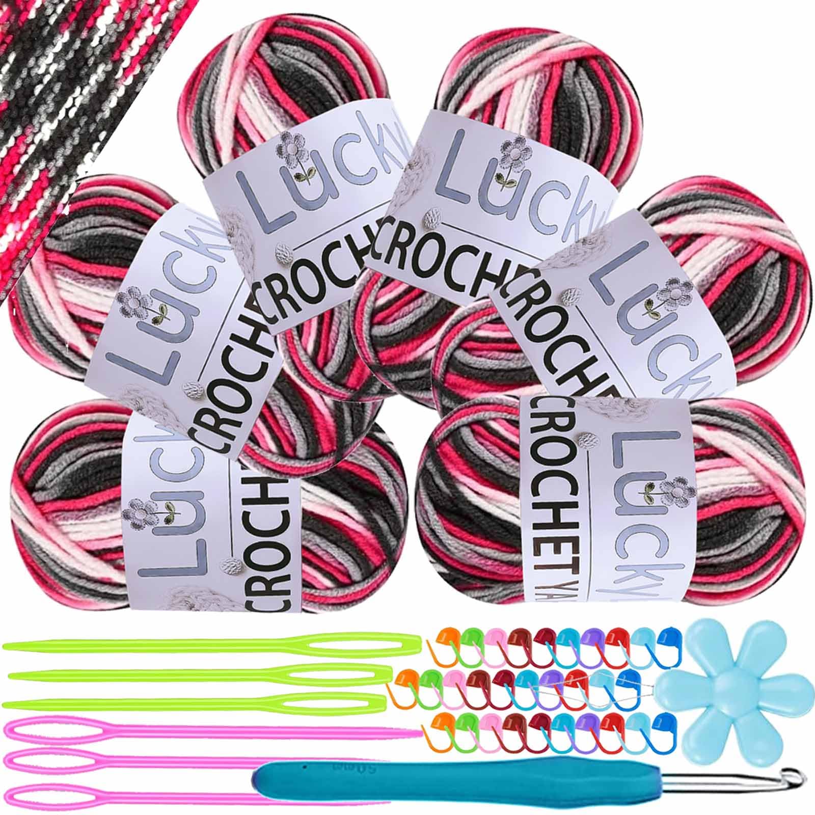 Crochet Yarn Double Knitting Wool (6X50g), Multicoloured Acrylic Yarn Crochet Wool with Aluminum Crochet Hooks Stitch Markers for DIY Craft Blankets Socks Dolls (Black White Pink)