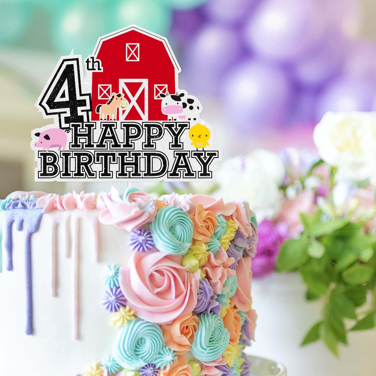 Rainbow Donkey Happy Birthday Cake Topper – Farm Animal Theme, Glitter Cardstock, Food Safe Decoration