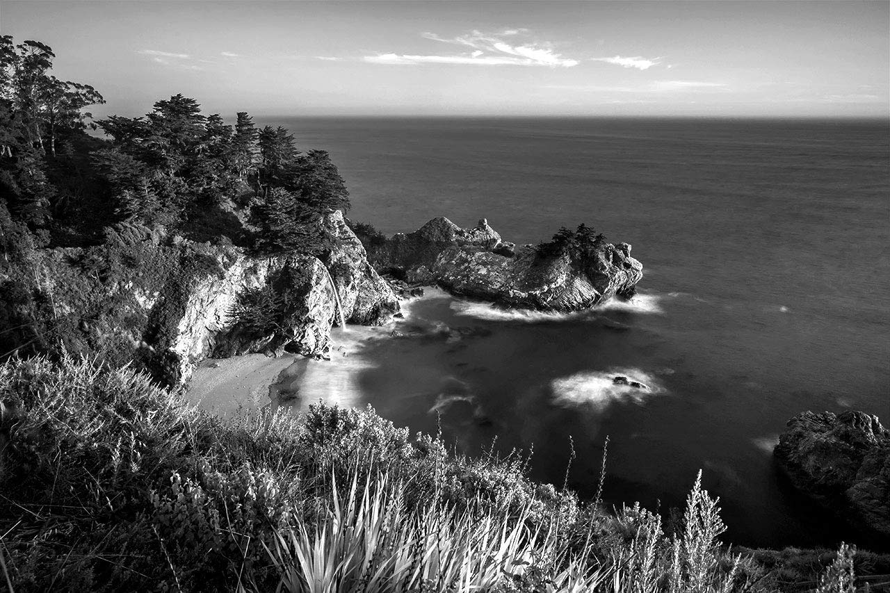 B&W McWay Falls Photo Print, Black and White Big Sur Waterfall Photograpy, Central Coast California Wall Art, 8x10 to 24x36