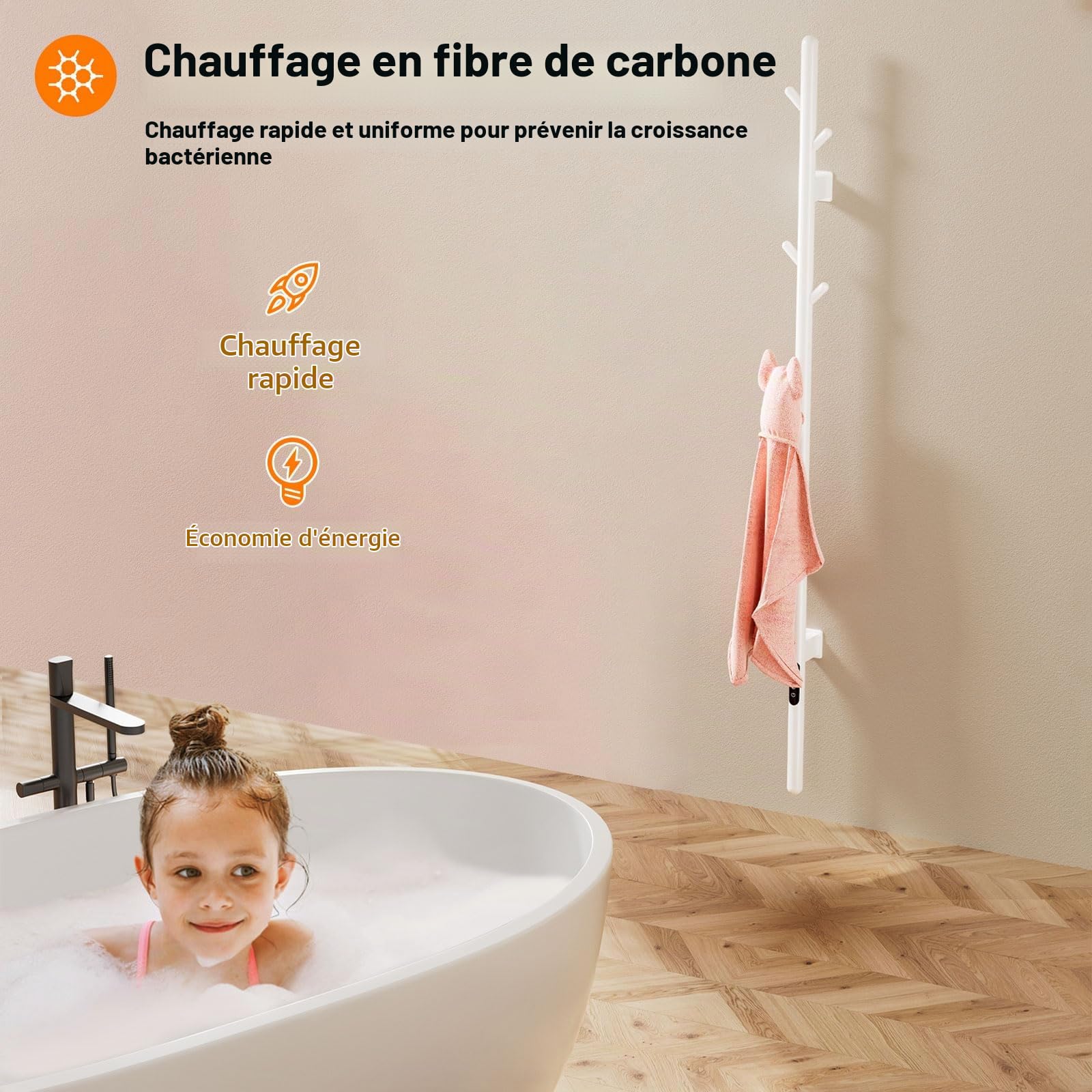 Seche Serviette Electrique, Porte-serviettes électrique à tige unique, Serviette Murale Intelligent à Température Constante, Chauffe-serviettes,Sèche Serviettes Électrique,économie d'énergie-White