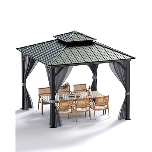 10'x10' Hardtop Gazebo for All Weather, with Double Metal Roof, Aluminum Alloy Frame, Net, and Curtain, Heavy Duty Building for Patio, Deck, Backyard, Lawn, and Garden, Gray