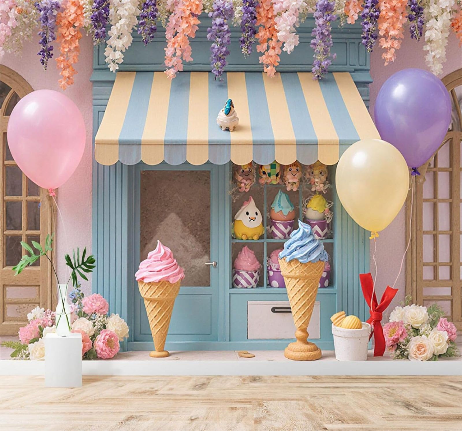 XLMING Three Dimensional Balloons Flowers Soft Colours Ice Cream Parlour 3D Wallpaper Silky Texture Home Study Office Grey Dining Room Sofa Bedroom Living Room TV Backdrop-430cm×300cm