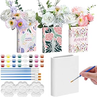 Honeydak 3 Set 5.9 Inch Book Shaped Vase Ready to Paint Your Own Ceramic Book Flowers Vase Ceramics to Paint DIY Unpainted Paintable Kit Crafts with Acrylic Brush Palette for Adults